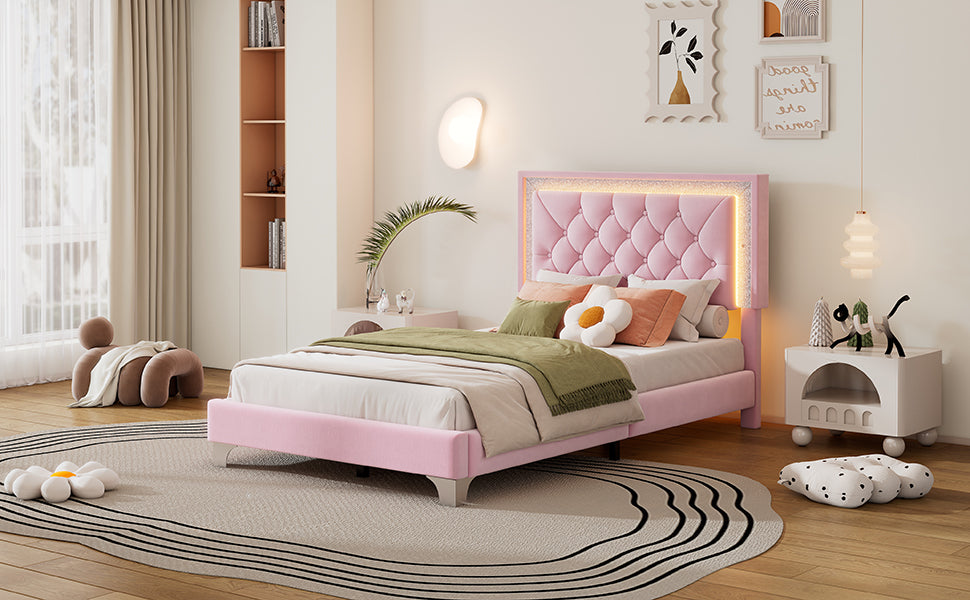 Twin Size Upholstered Bed Frame With Led Lights,Modern Velvet Platform Bed With Tufted Headboard,Pink Twin Pink Velvet