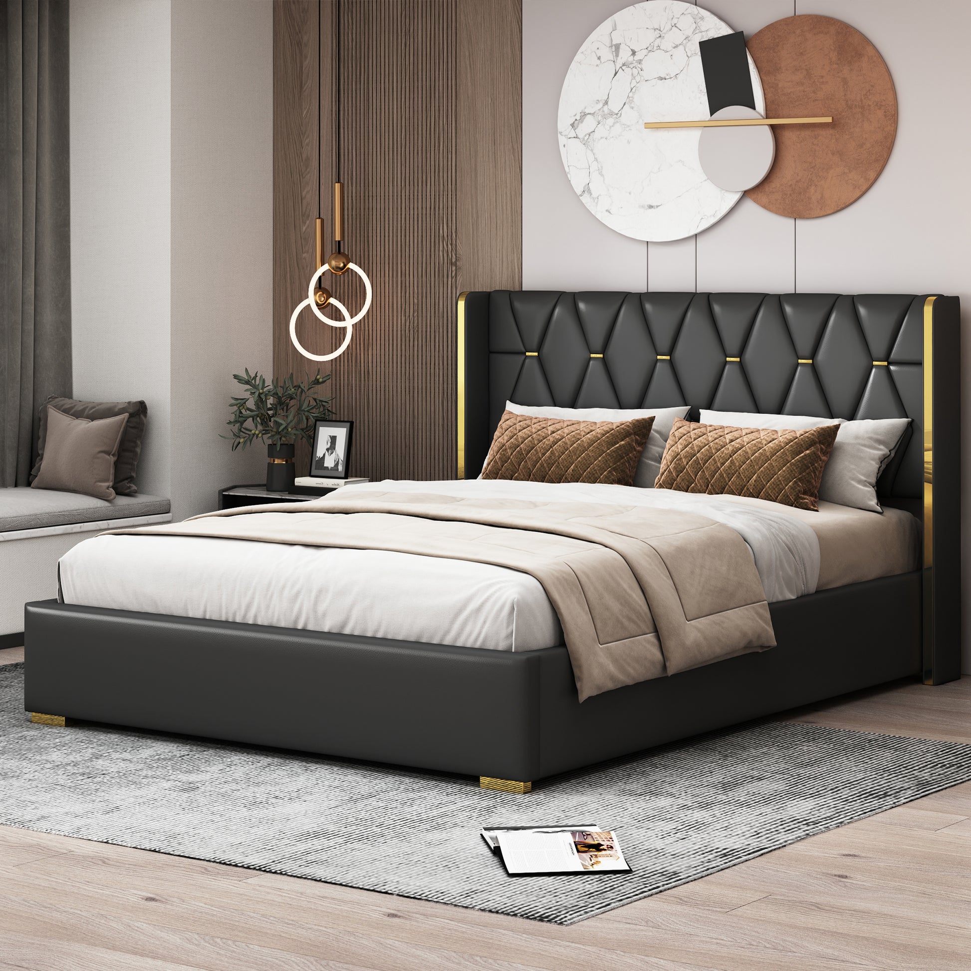 Queen Size Upholstered Platform Bed With Metal Strips, Black Queen Black Pu