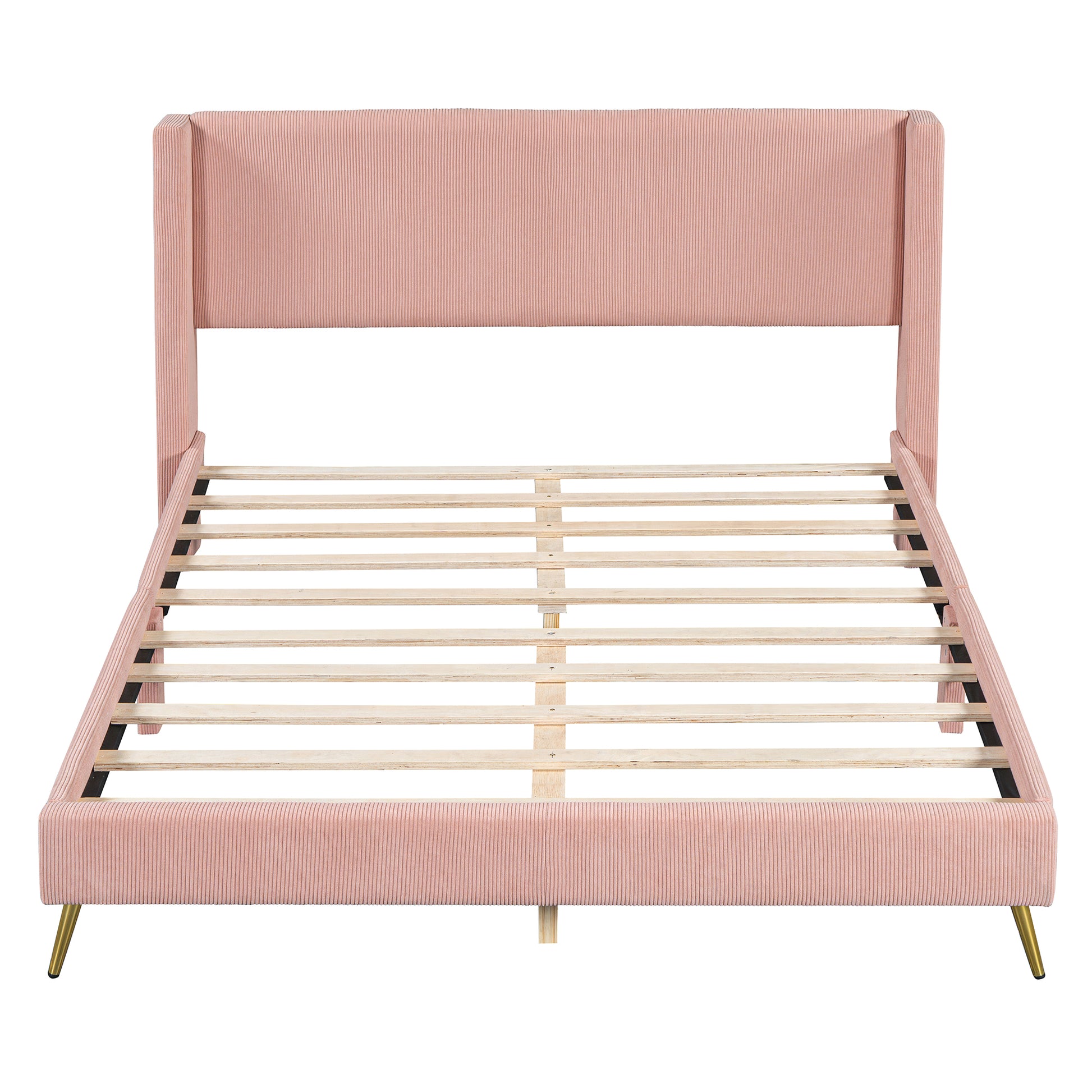 Queen Size Corduroy Platform Bed With Metal Legs, Pink Old Sku:Wf300238Aah Queen Pink Corduroy