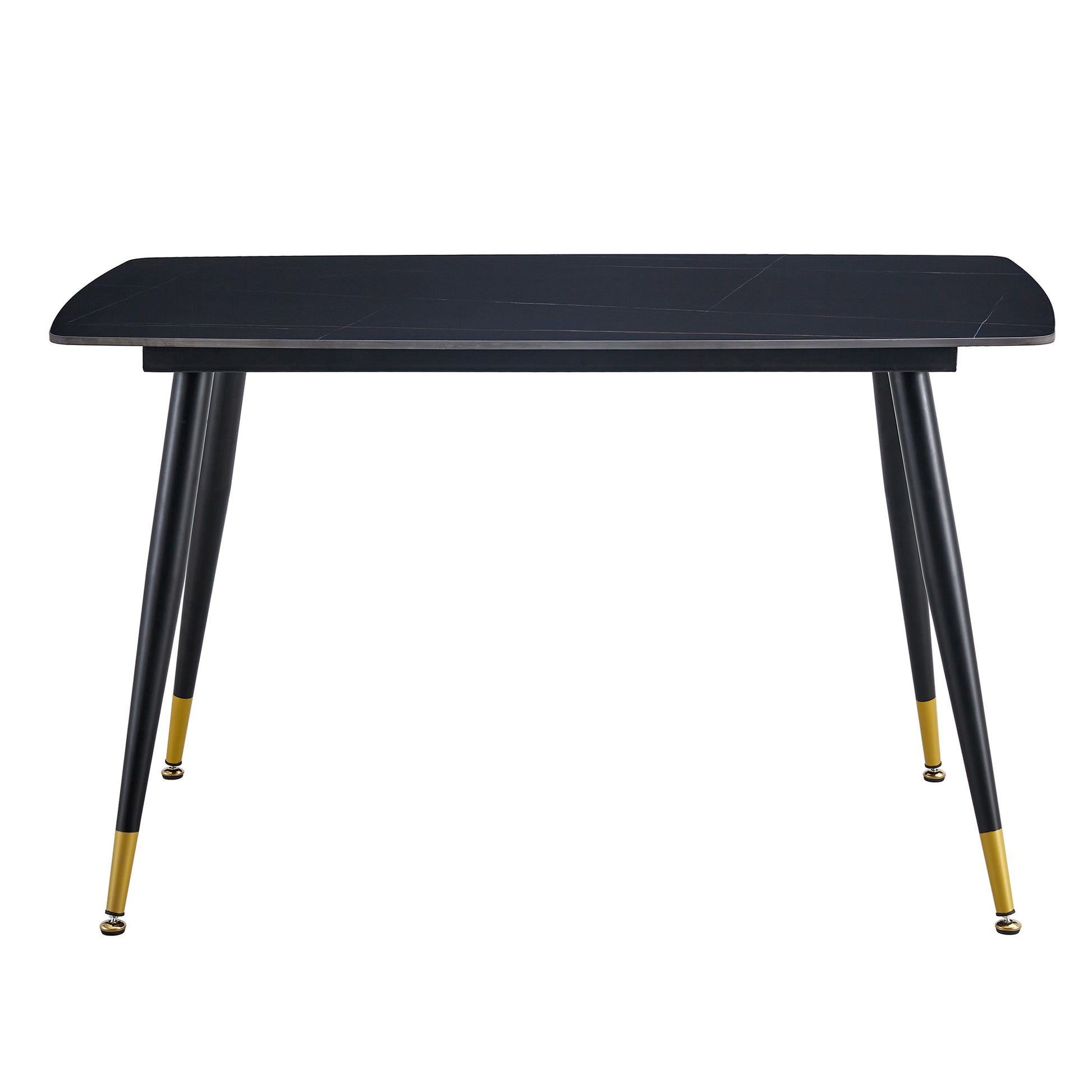 Table And Chair Set. Large Modern Rectangular Table With Black Textured Top And Black Metal Legs. Soft And Comfortable Pu Seats, Faux Leather Upholstered Seats And Sturdy Metal Legs. White Black Seats 4 Sintered Stone