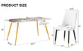 Table And Chair Set.Modern Minimalist Dining Table. White Imitation Marble Pattern Sintered Stone Desktop With Golden Metal Legs.Paried With 4 Comfortable Chairs With Pu Seats And Black Metal Legs.