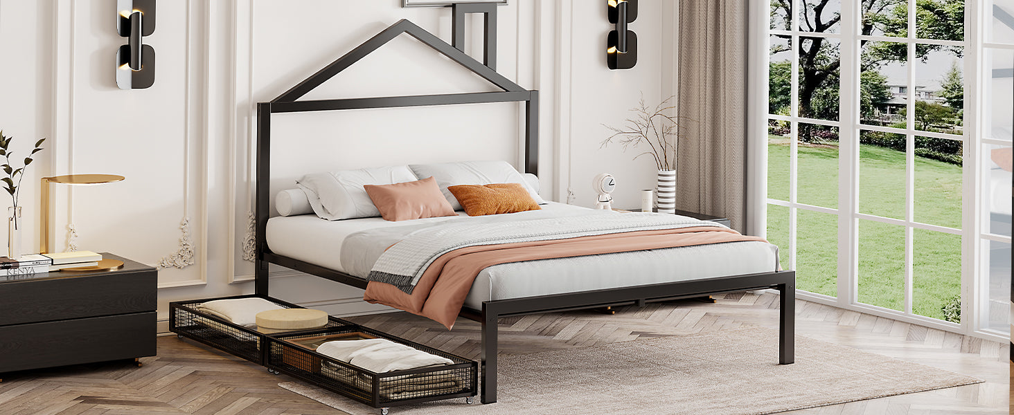 Full Size Metal Platform Bed With Two Drawers,House Shaped Headboard Design, Black Full Black Metal