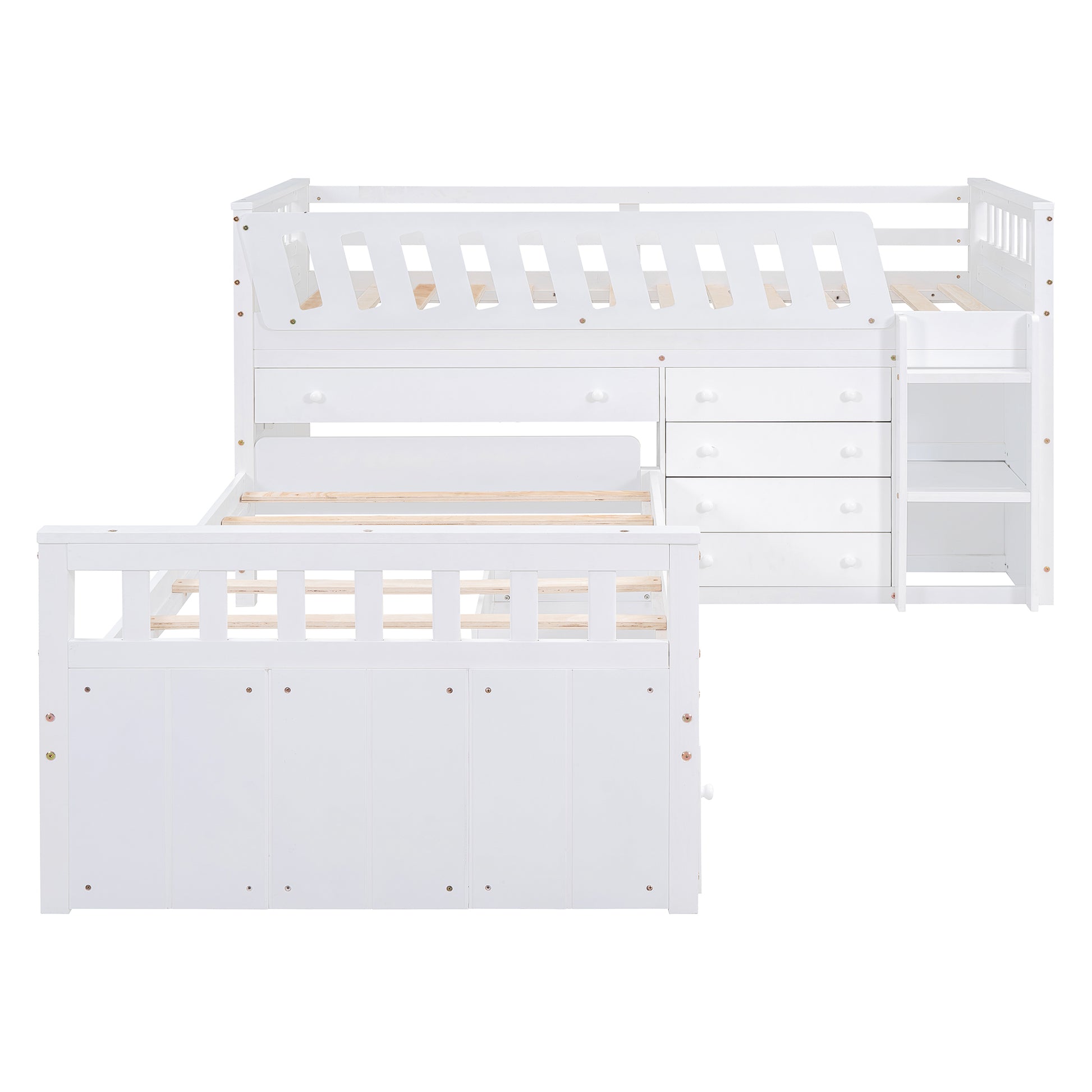 L Shaped Space Saving Twin Loft And Twin Platform Bed With 7 Drawers And Full Guardrails White Twin White Solid Wood
