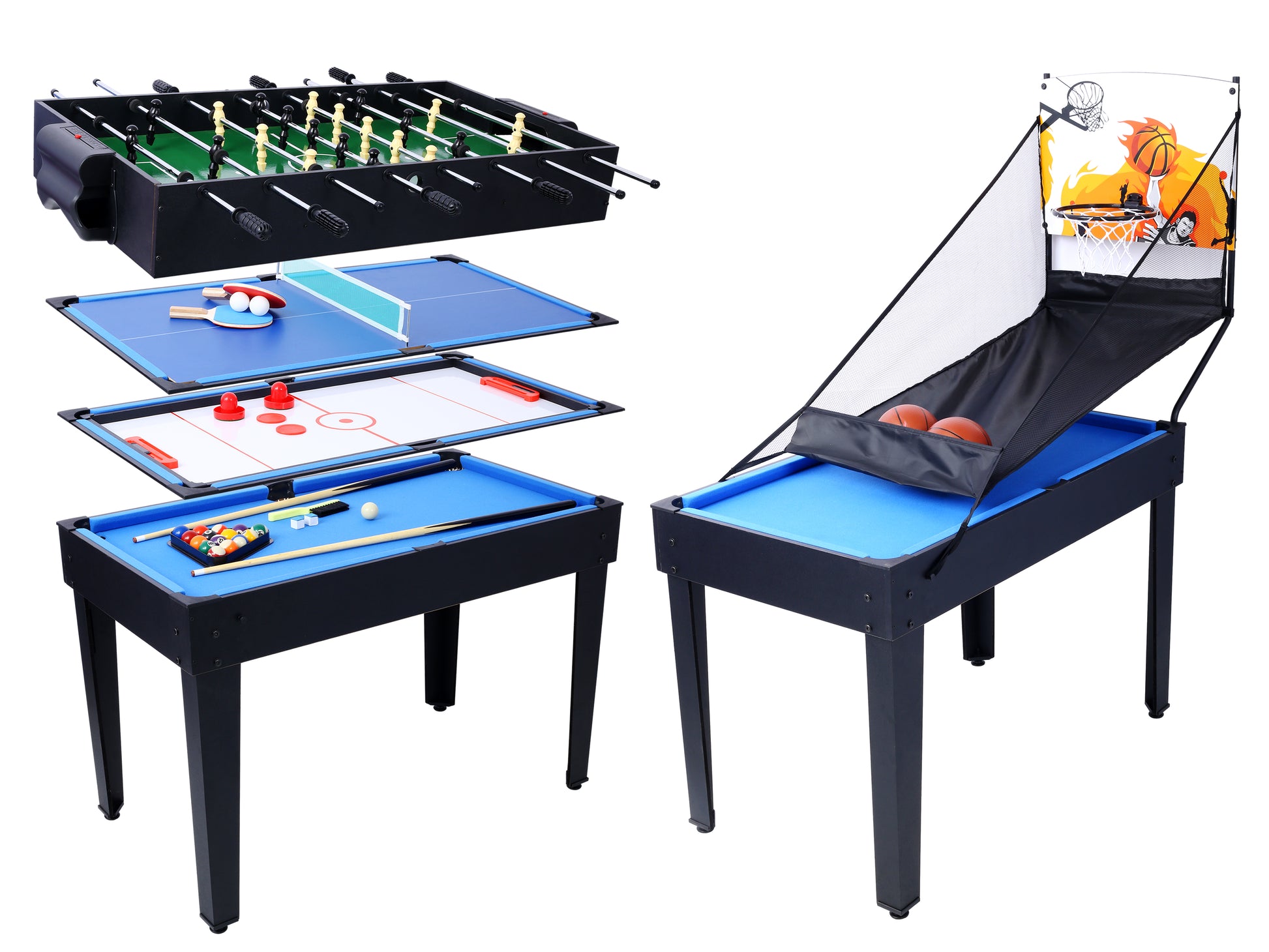 5 In 1 Multi Game Table Billiards, Push Hockey, Foosball, Ping Pong, And Basketball Black Blue Black Mdf Steel