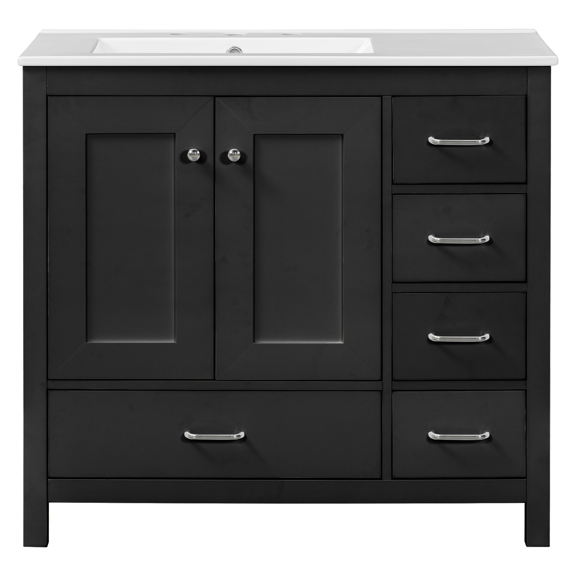 36" Black Bathroom Vanity With Ceramic Sink Combo, Abundant Storage Cabinet 2 Soft Close Doors And 5 Drawers Black Bathroom Solid Wood Mdf