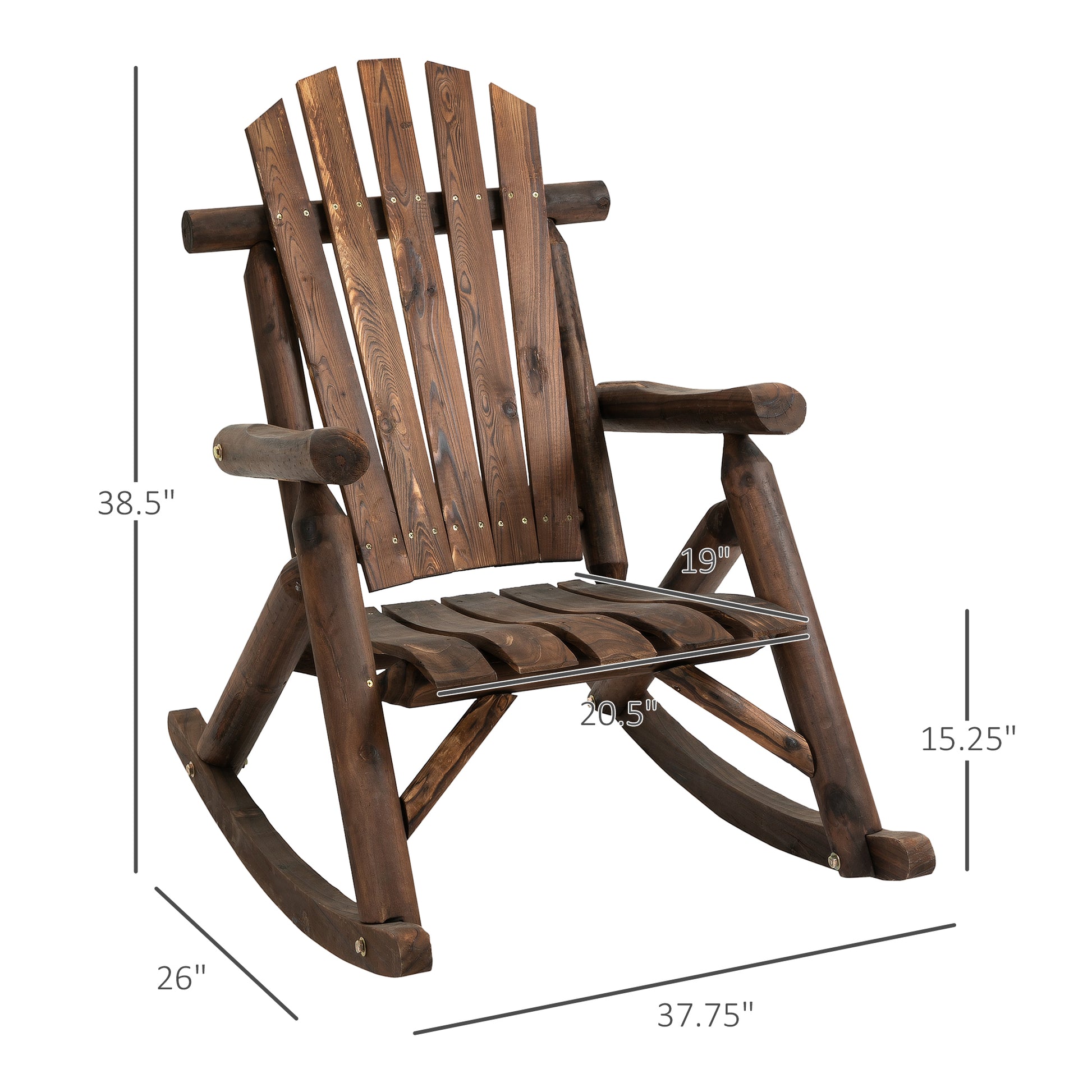 Outsunny Outdoor Wooden Rocking Chair, Single Person Adirondack Rocking Patio Chair With Rustic High Back, Slatted Seat And Backrest For Indoor, Backyard, Garden, Carbonized Brown Wood