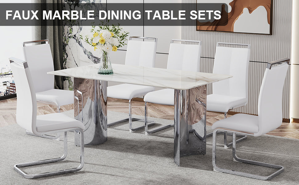 Modern Minimalist Dining Table. Imitation Marble Glass Sticker Desktop, Stainless Steel Legs, Stable And Beautiful. 6 Premium Pu Seats. 63 Inches * 35.4 Inches * 29.5 Inches Dt 69 C 1162 Silver Glass