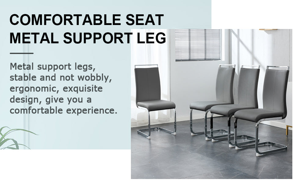 Table And Chair Set. Large Modern Rectangular Table With Glass Top And Silver Metal Legs. Furnished With Soft And Comfortable Pu Chairs With Faux Leather Upholstered Seats And Silver Metal Legs. Gray Silver Seats 6 Glass Metal