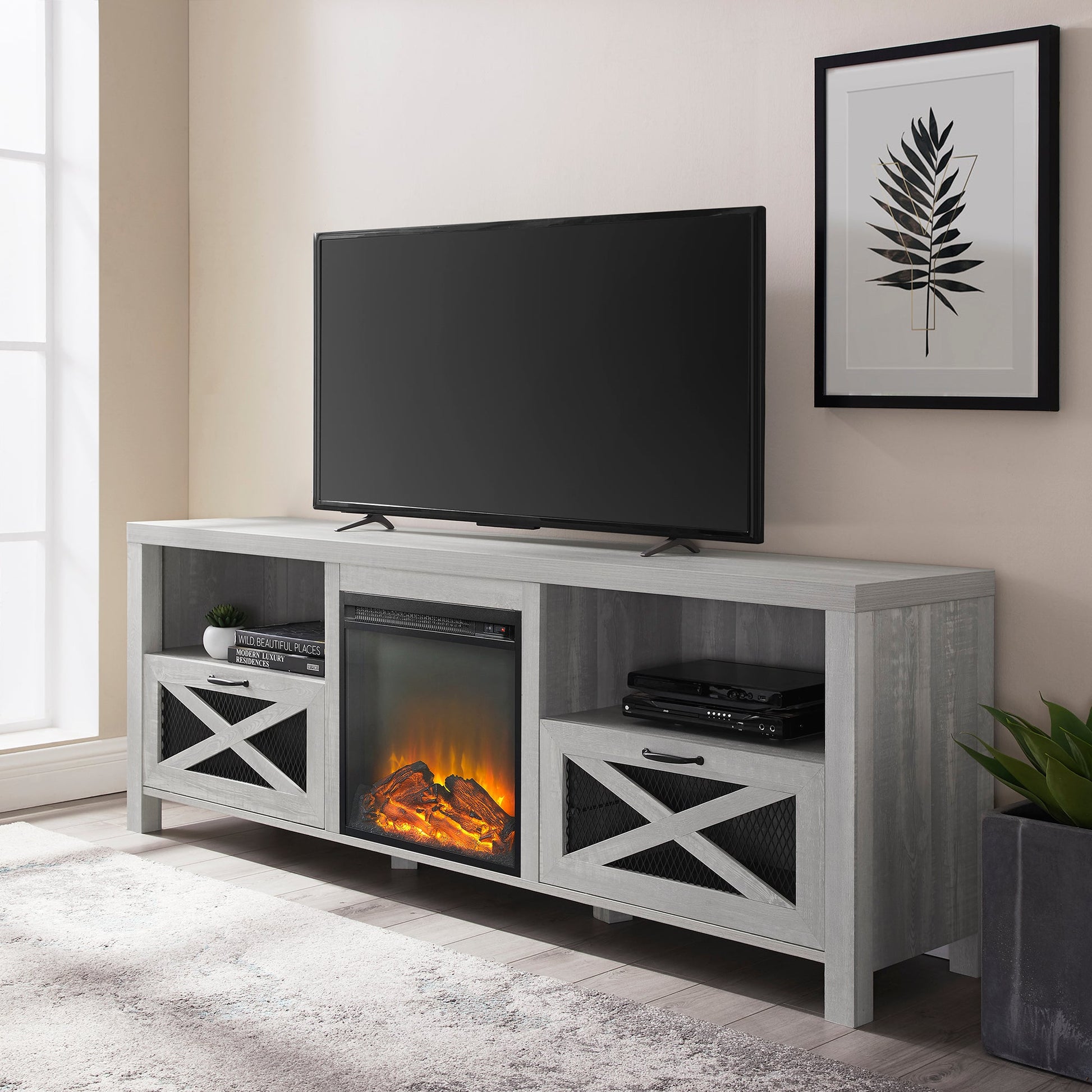 Industrial Farmhouse Metal Mesh Drop Down X Door 70" Fireplace Tv Stand For 80" Tvs Stone Grey Stone Gray Mdf