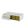 Modern White Coffee Table With 2 Glass Door Storage, 4 Drawers, Gold Metal Legs, And Multi Color Lighting In 47.2'' White Drawers Mdf