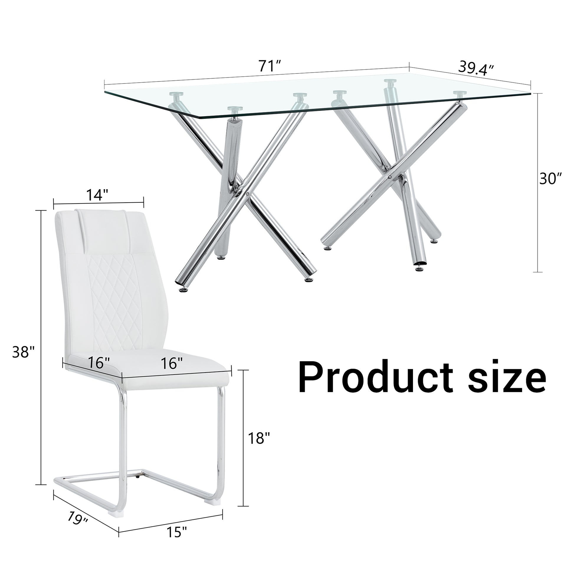 Table And Chair Set.Large Minimalist Rectangular Glass Dining Table For 6 8 With 0.39" Tempered Glass Tabletop And Silver Chrome Metal Legs.Paried With Comfortable Chairs With Pu Seats And Metal Legs. Silver Seats 8 Glass Metal