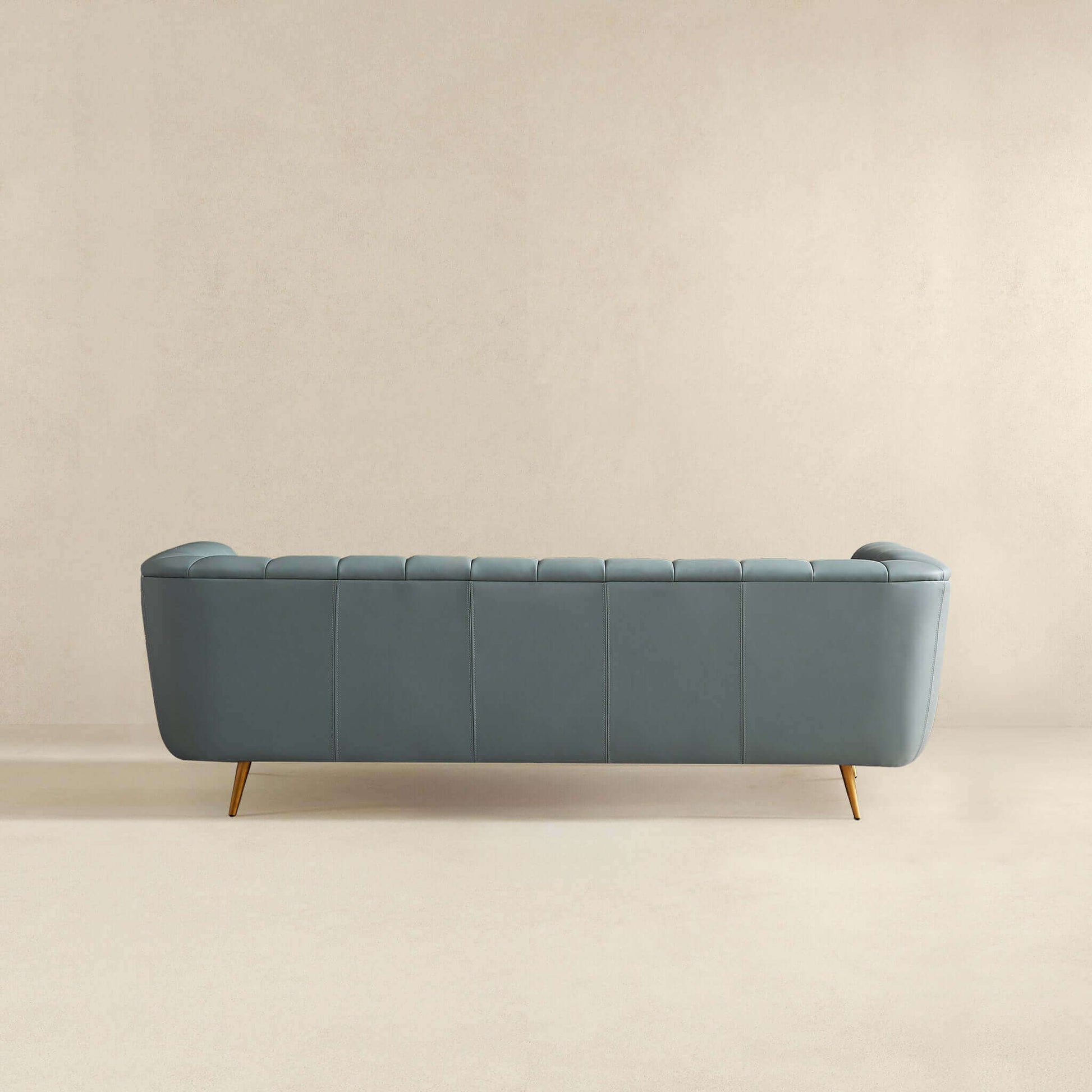 Lamattina Genuine Italian Blue Leather Channel Tufted Sofa Dusty Blue,Pewter Genuine Leather Wood Mid Century Modern Foam Genuine Leather 4 Seat