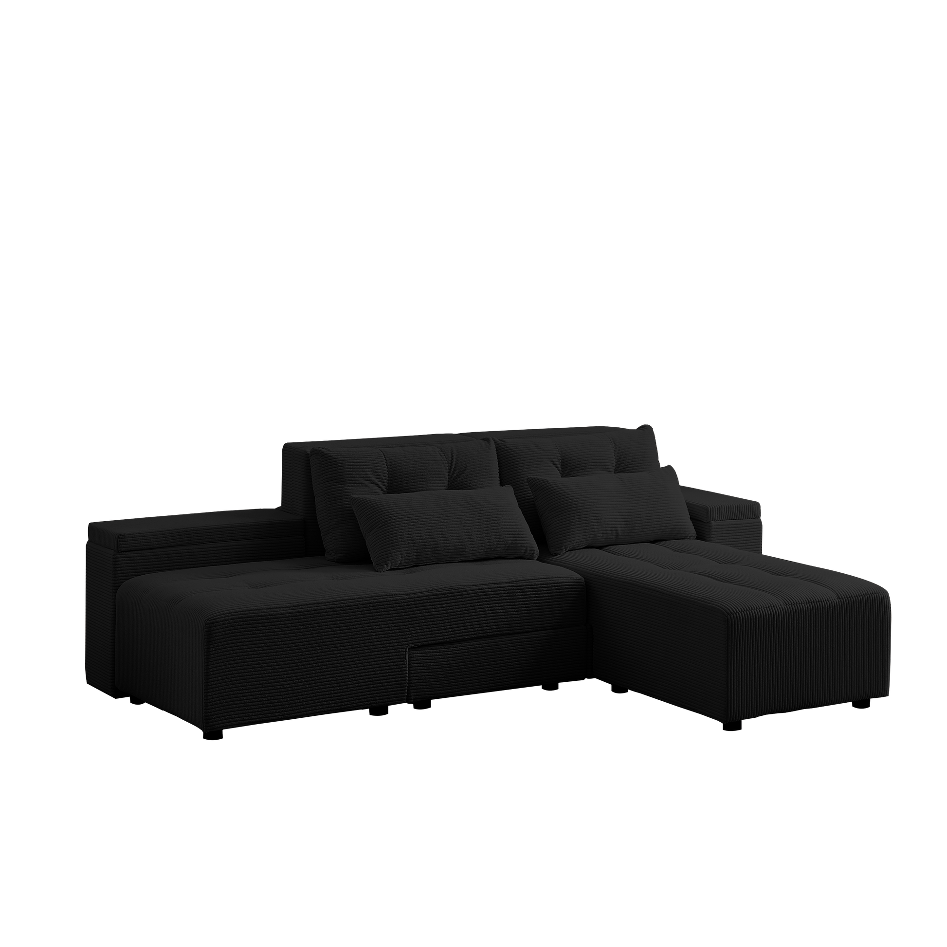 Convertible 3 In 1 Sleeper Sofa And Sectional Sofa With 4 Storage Space For Living Room,Corduroy Couch With 4 Pillows,Corduroy Black Corduroy 3 Seat