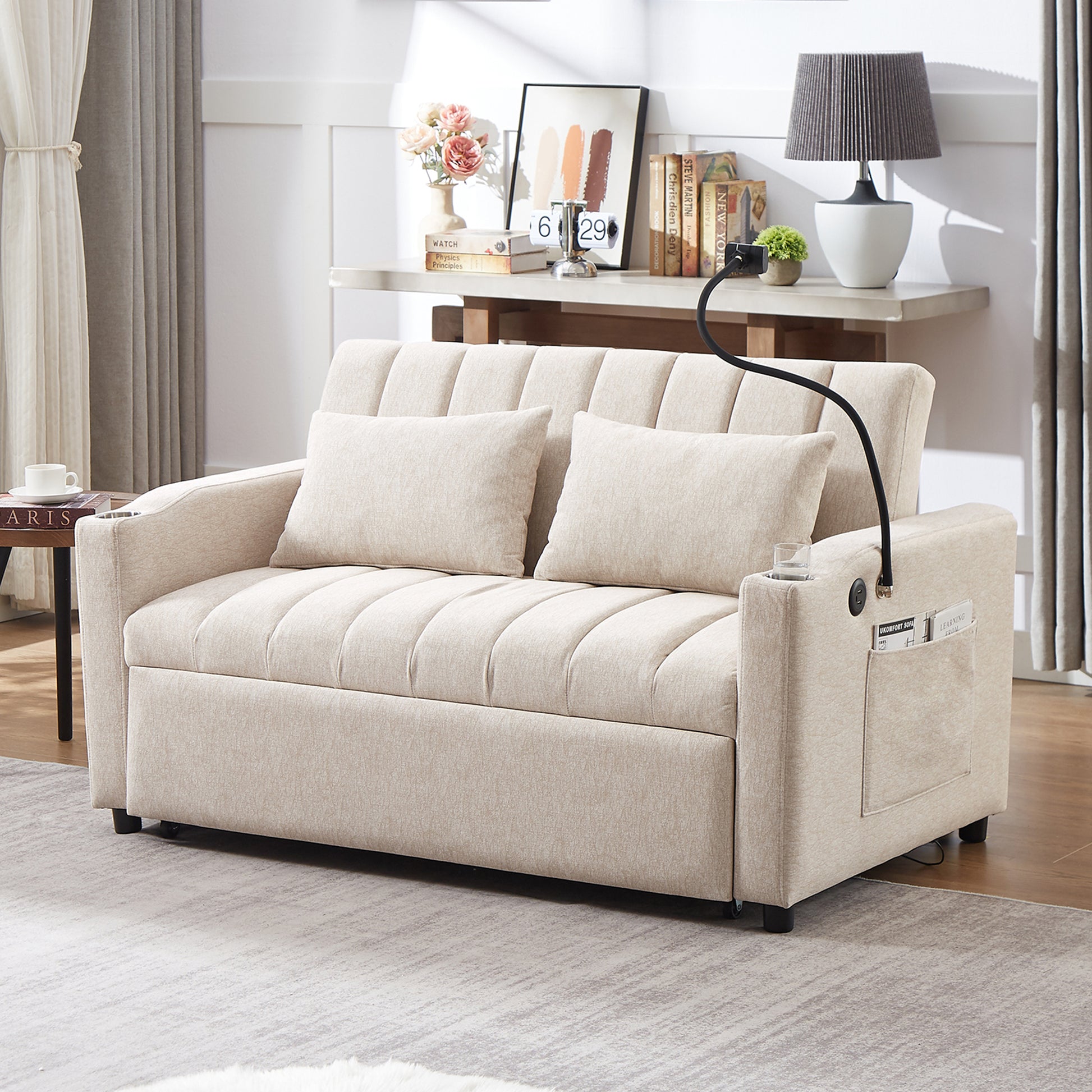 55.9" Convertible Sofa Bed Loveseat Sofa With Three Usb Ports, Two Side Pockets, Two Cup Holders And 360 Swivel Phone Holder For Living Room, Beige Beige Foam Polyester