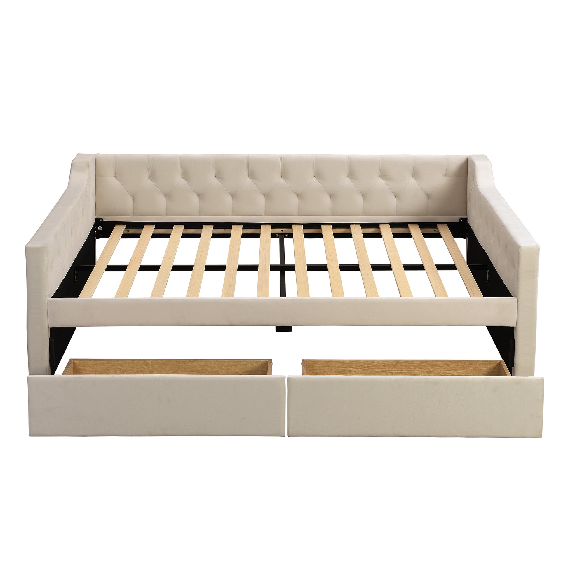 Full Size Upholstered Tufted Daybed With 2 Drawers, Beige Box Spring Not Required Full Beige Wood Daybeds Velvet Upholstered