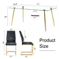 Table And Chair Set.Modern Rectangular Glass Dining Table With A Tempered Glass Tabletop And Metal Legs, Paired With Multiple Chairs Designed With Pu Cushions And Golden Metal Legs. Black Gold Seats 6 Tempered Glass