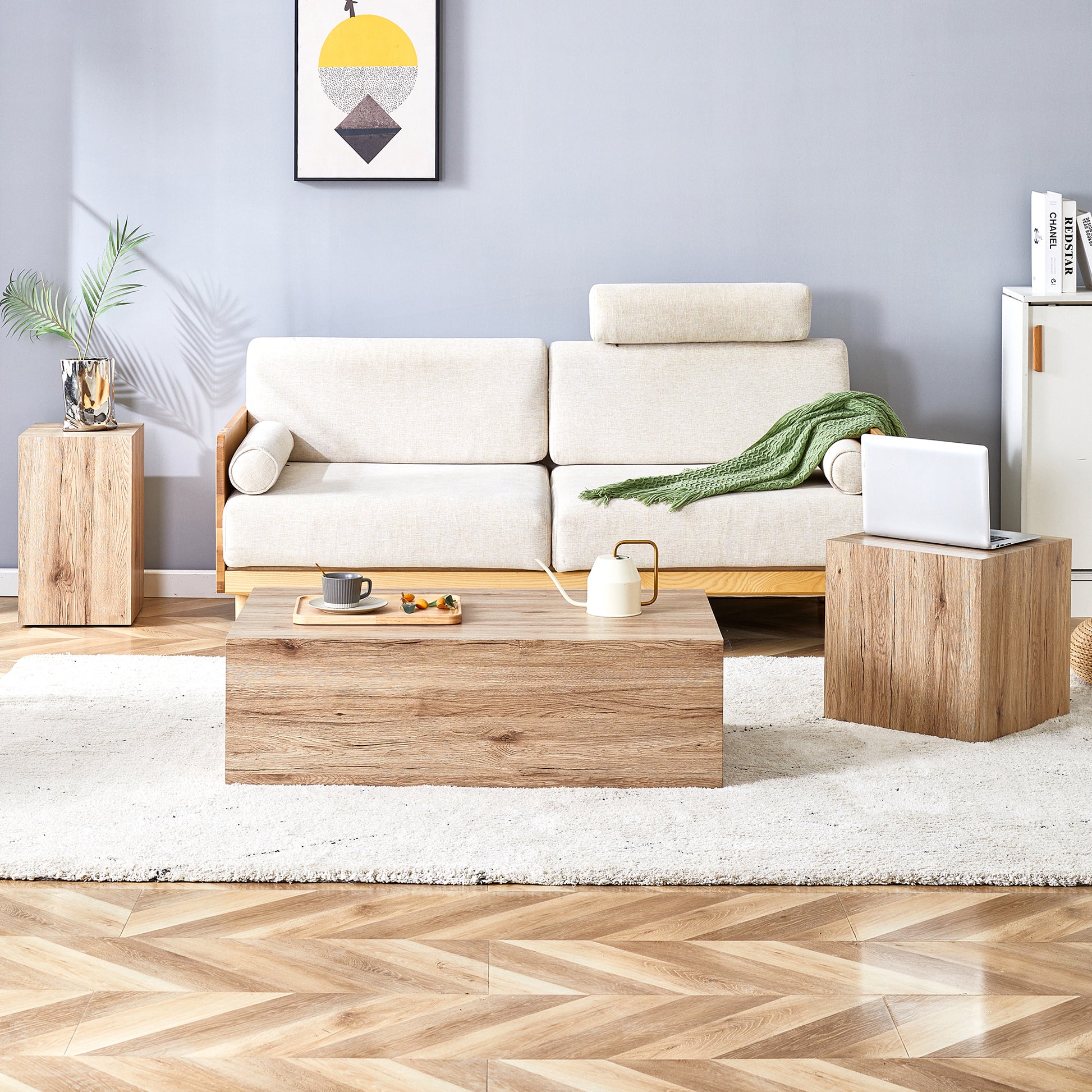 Elevate Your Living Space With This Modern Mdf Coffee Table That Showcases Smooth, Light Wood Color Texture Patterns. It Is Characterized By Stylish Design. Wood Mdf