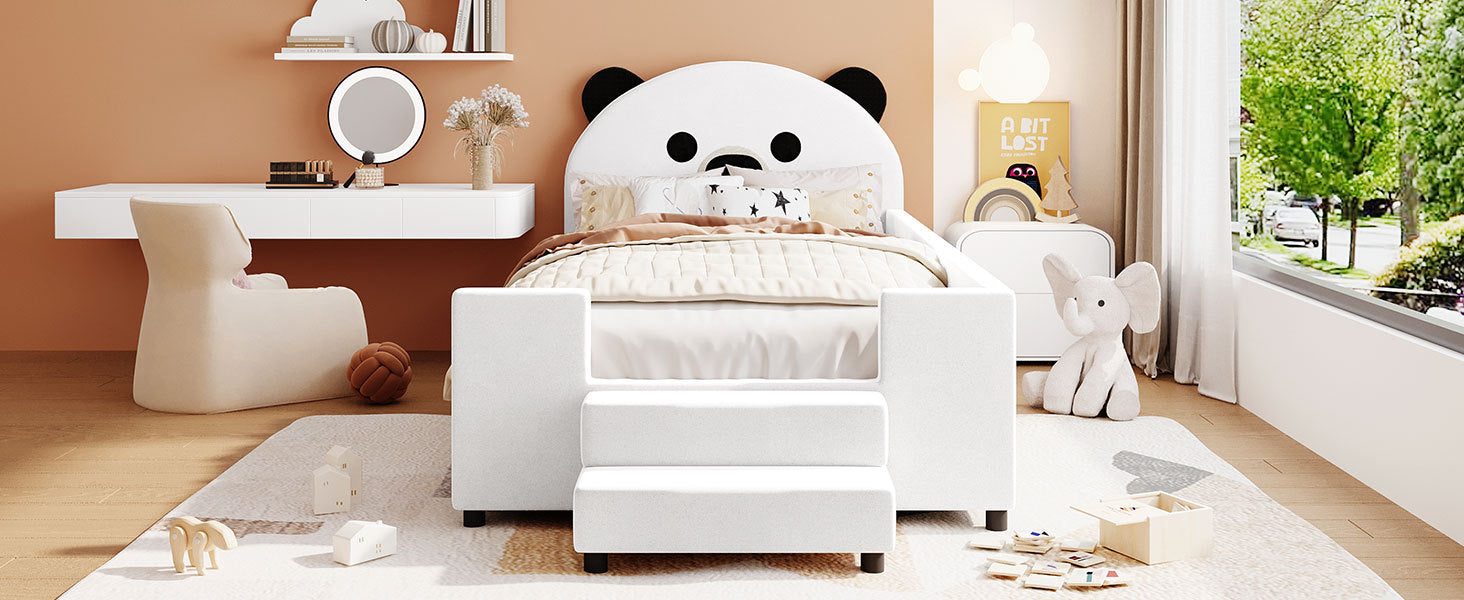 Twin Size Upholstered Daybed With Bear Shaped Headboard, Hydraulic System Andmesh Fence, White White Velvet