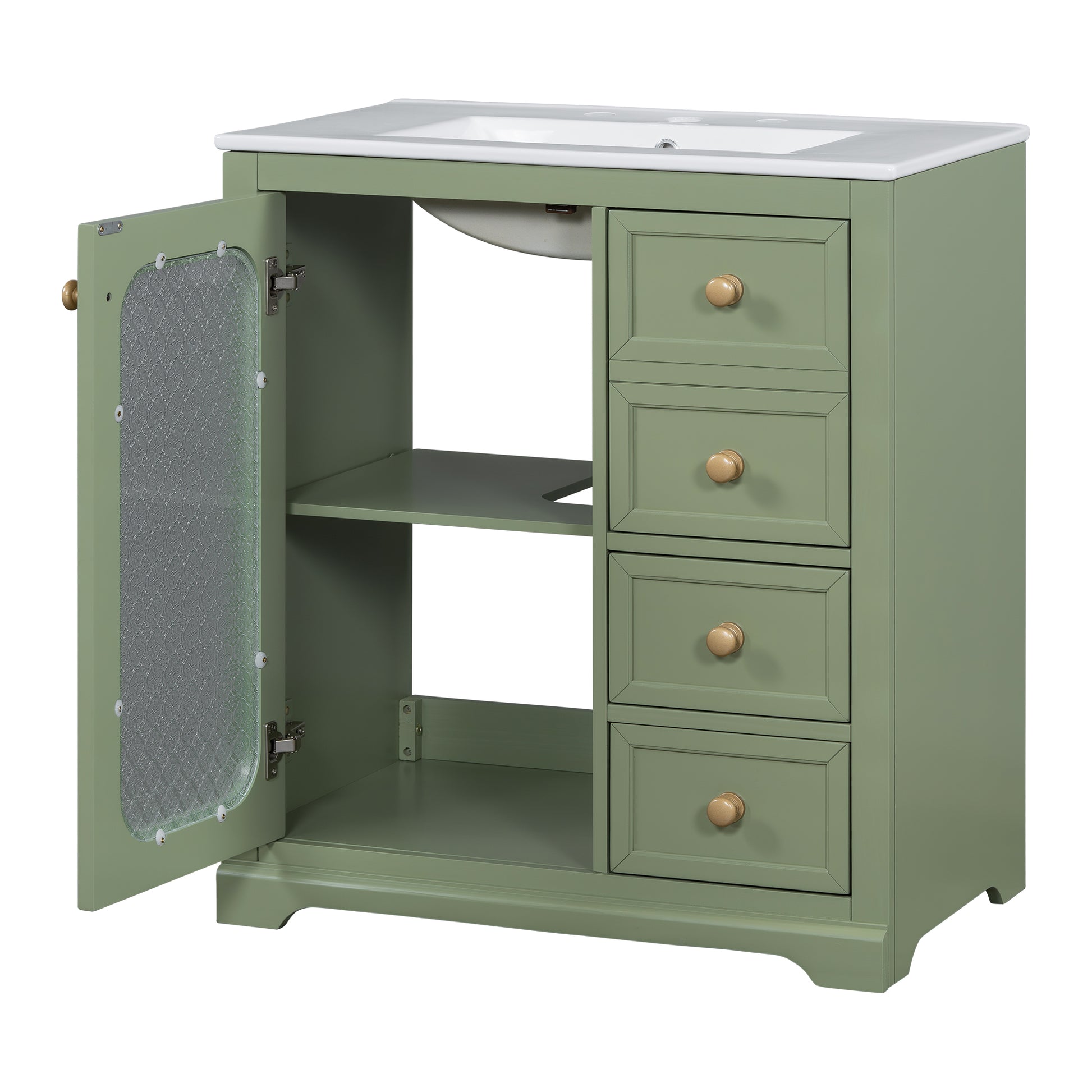 30 Inch Bathroom Vanity With A Soft Close Glass Door, Adjustable Shelves, And Three Drawers Green Bathroom Solid Wood Mdf Glass