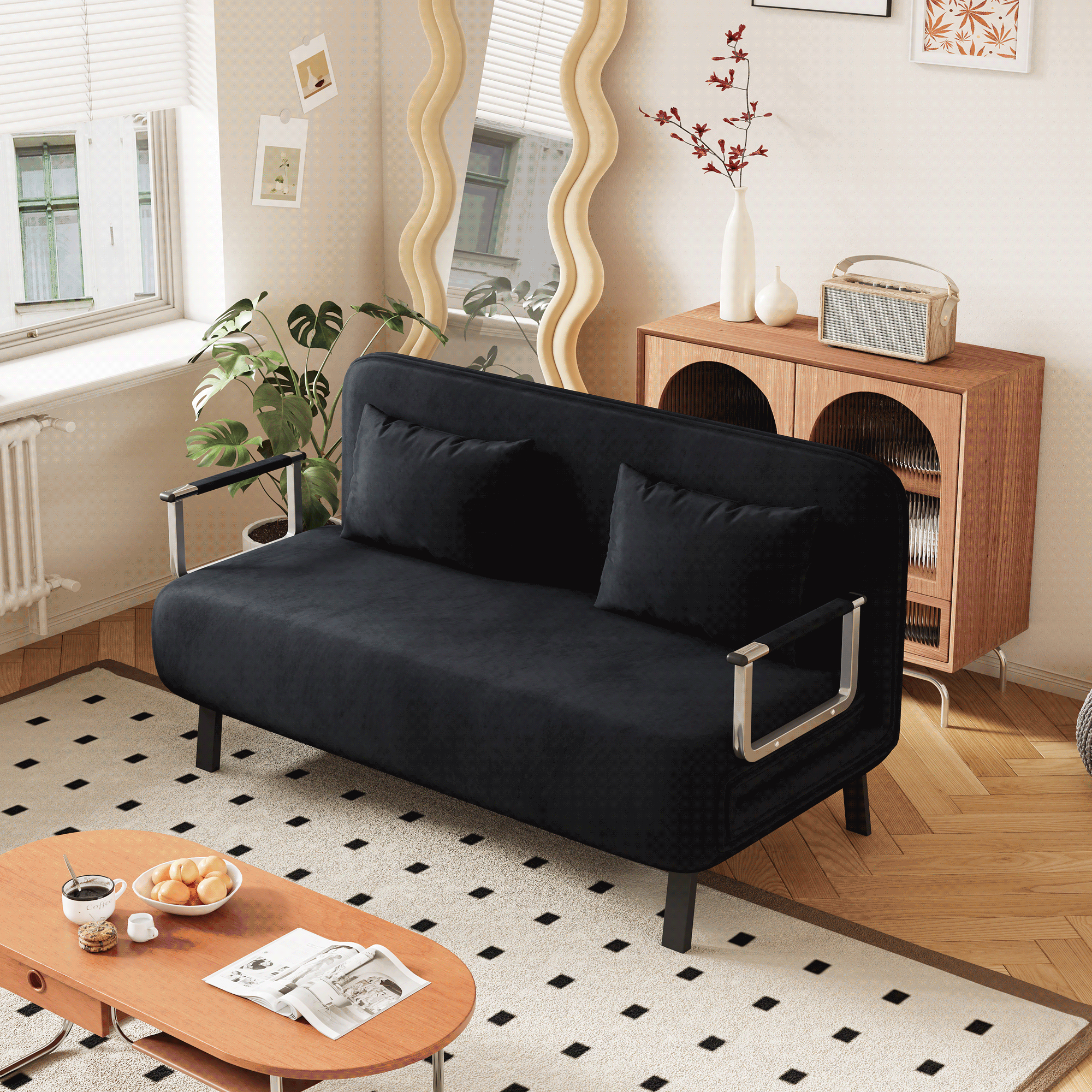 Velvet Black 55 Convertible Chair Bed, Tri Fold Sofa Bed With Adjustable Backrest & Pillow, Leisure Chaise Lounge Couch With Sturdy Steel Frame For Home & Office, Comfortable Sleeper Chair Black Velvet Metal Primary Living Space Medium Firm Contemporary