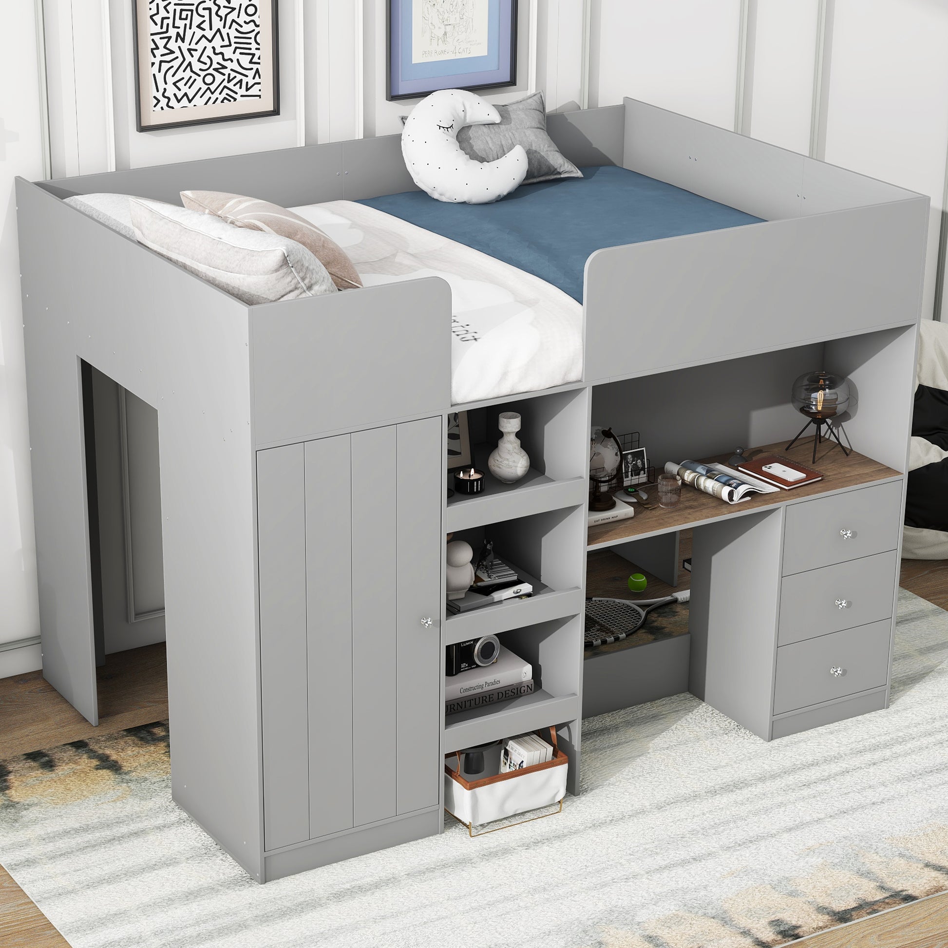 Wood Full Size Loft Bed With Built In Wardrobe, Desk, Storage Shelves And Drawers, Grey Expected Arrival Time: 9.8 Box Spring Not Required Full Grey Wood Bedroom Bed Frame Solid Wood Mdf