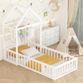 Wooden Floor Bed With Fence Railings And Detachable House Shape Headboard, Twin Size Bed With Kids Dress Up Rack, Kids Montessori Style Playhouse Frame For Girls Boys, White Twin White Wood