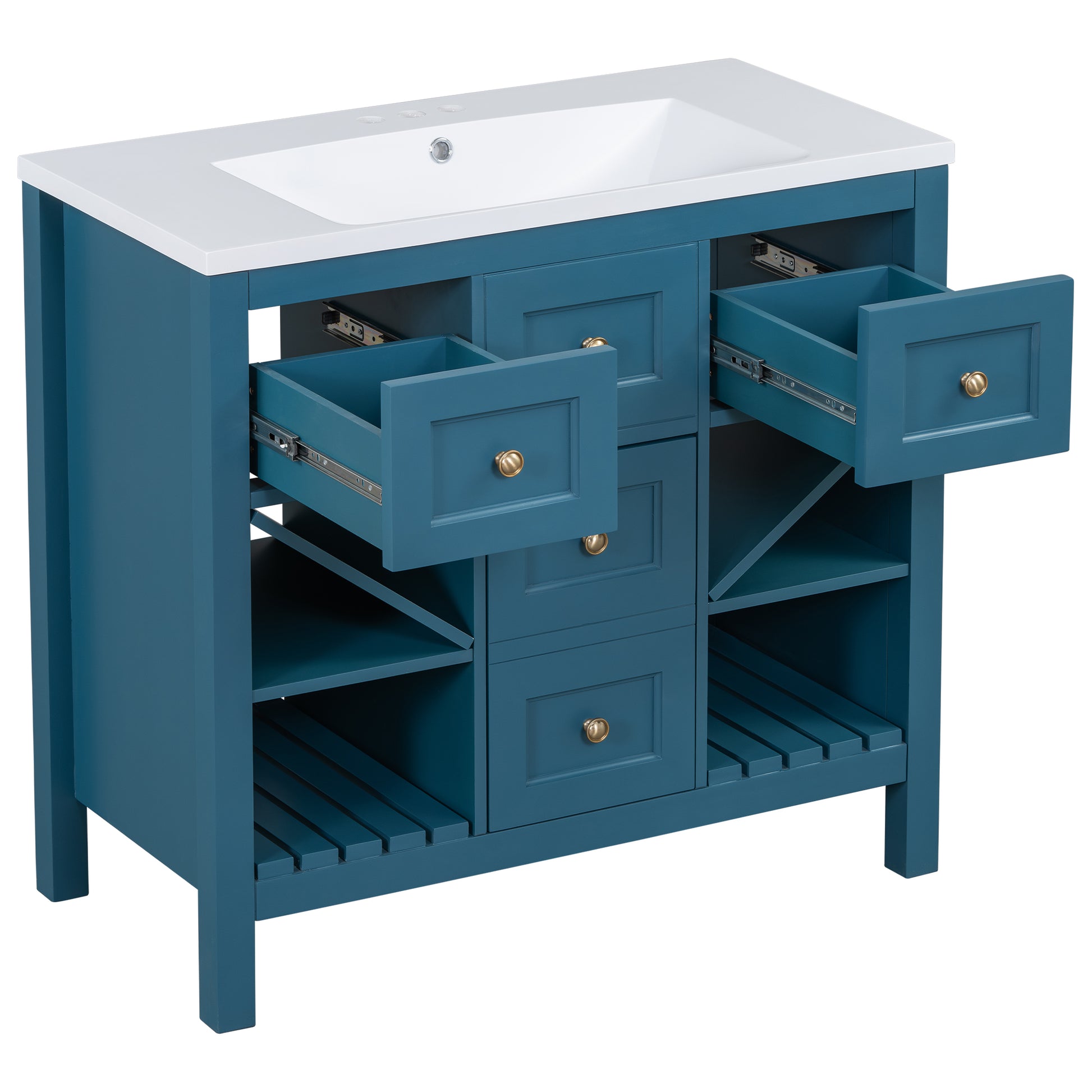 36'' Bathroom Vanity With Resin Sink Combo, Solid Wood Frame Bathroom Storage Cabinet, Freestanding Vanity Set With 5 Drawers& Soft Closing Doors Same As N710S136001C Blue Bathroom Solid Wood Mdf Resin