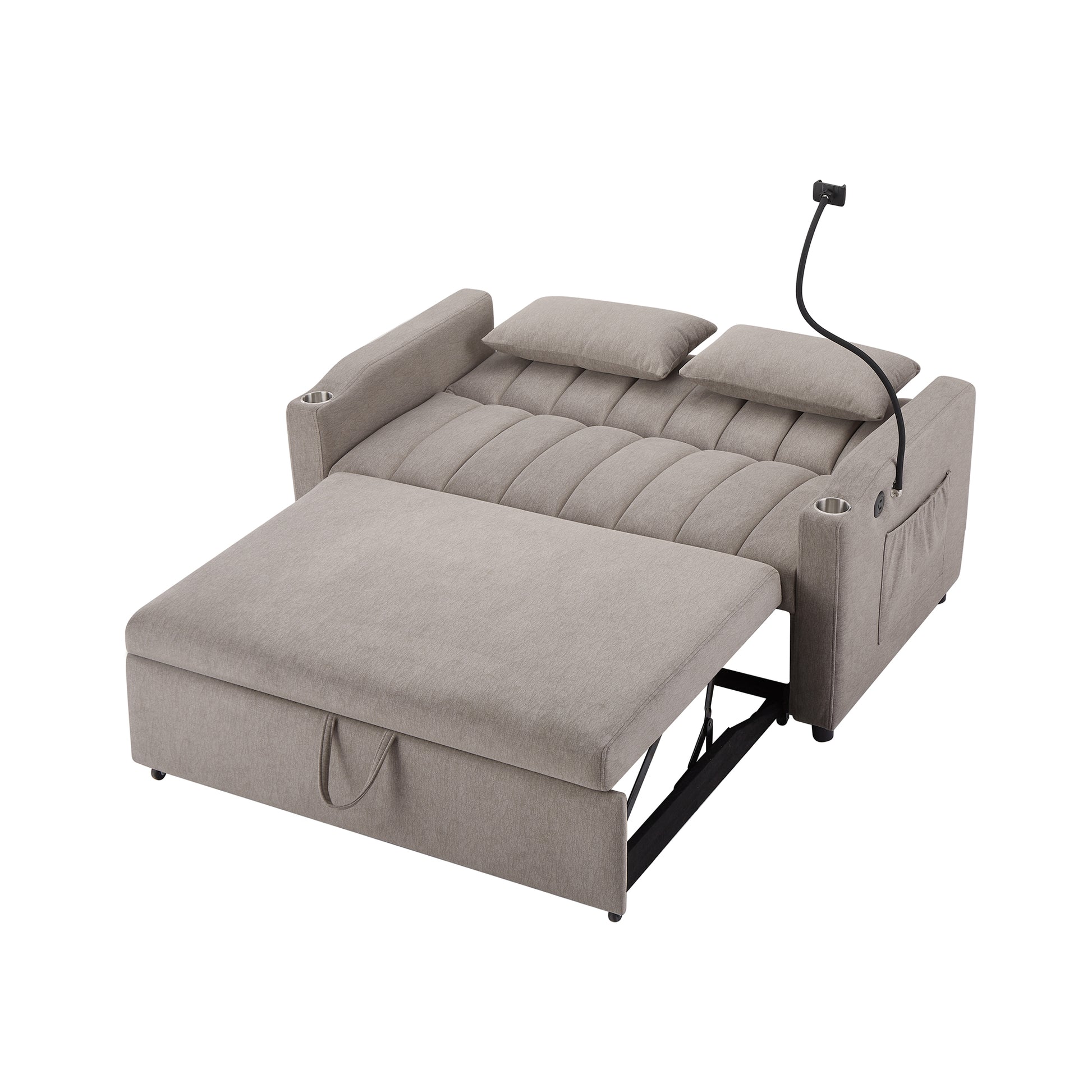 55.9" Convertible Sofa Bed Loveseat Sofa With Three Usb Ports, Two Side Pockets, Two Cup Holders And 360 Swivel Phone Holder For Living Room, Light Grey Light Grey Foam Polyester