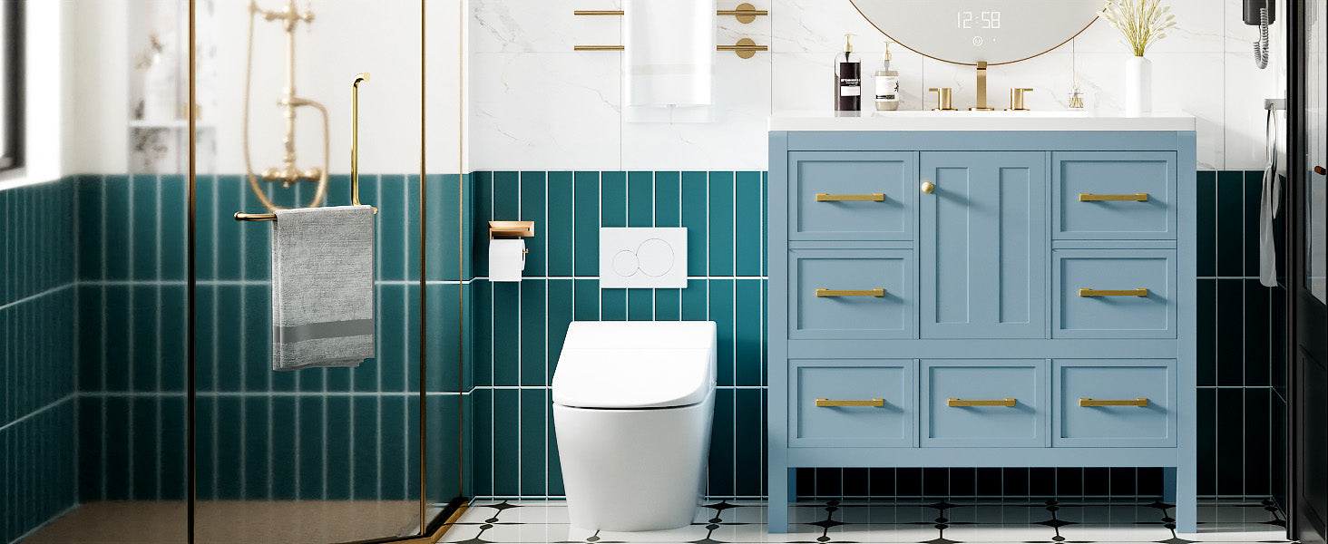 36'' Bathroom Vanity With Resin Sink Combo, Solid Wood Frame Bathroom Storage Cabinet, Freestanding Vanity Set With 5 Drawers& Soft Closing Doors Same As Sw000142Aam Blue Bathroom Solid Wood Mdf Resin