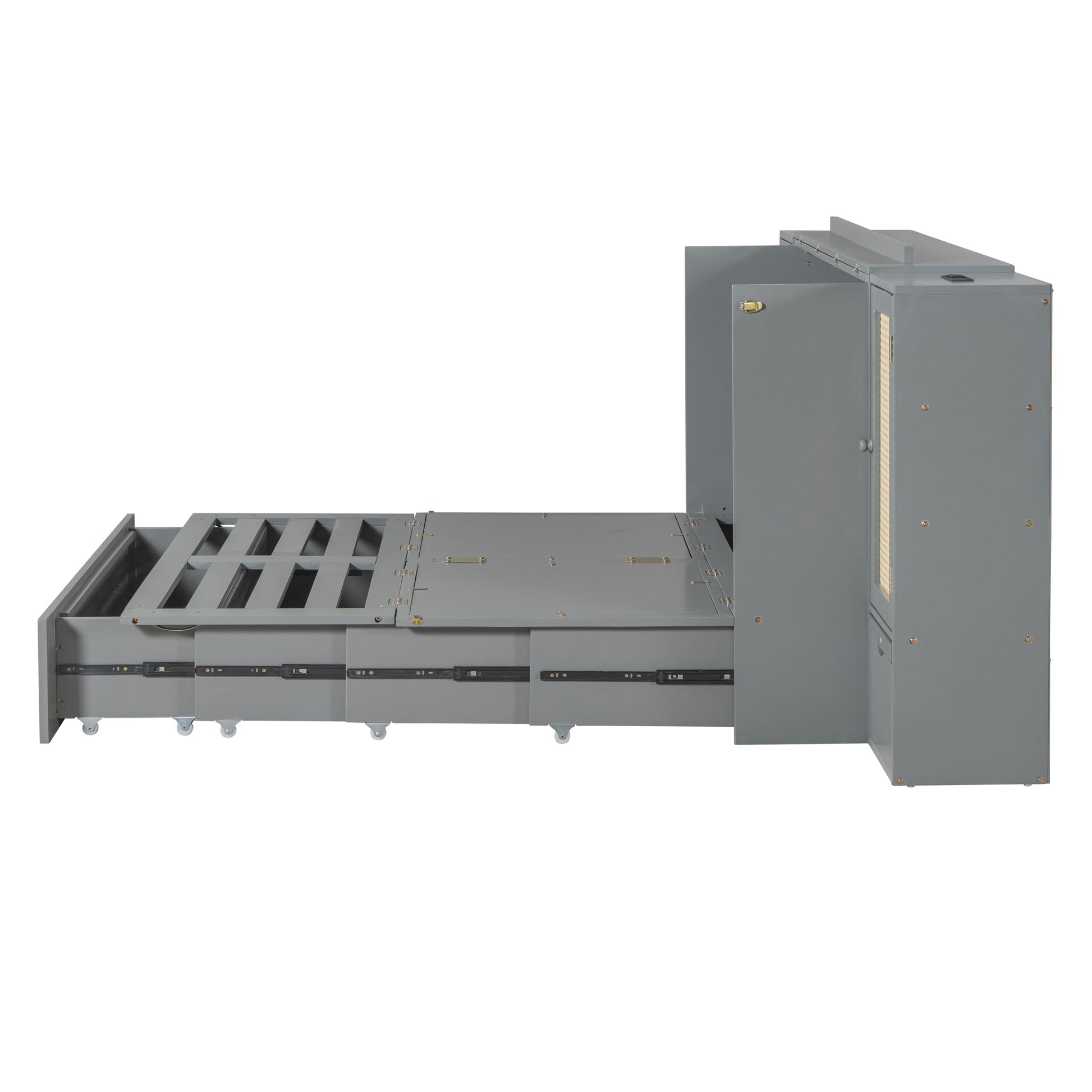 Queen Size Murphy Bed Wall Bed With Drawer And Rattan Decoration With 2 Storage Cabinets, One Set Of Sockets & Usb Ports, Pulley Structure Design, Gray Queen Gray Plywood