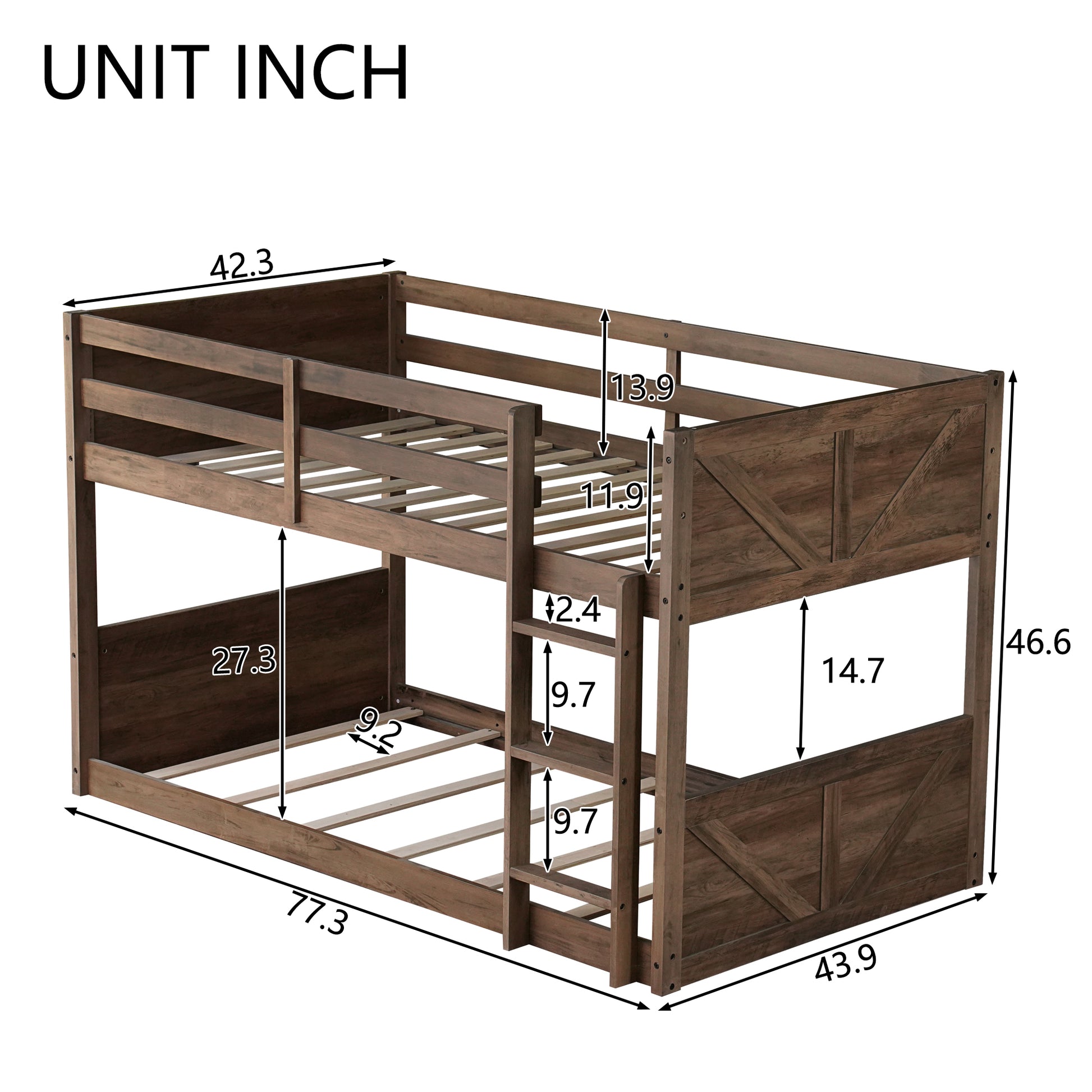 Twin Over Twin Floor Bunk Bed With Panelled Headboard And Footboard, Solid Rubber Wood Foundation With Safety Guardrails, Built In Ladder,Antique Oak Twin Antique Dark Oak Rubber Wood