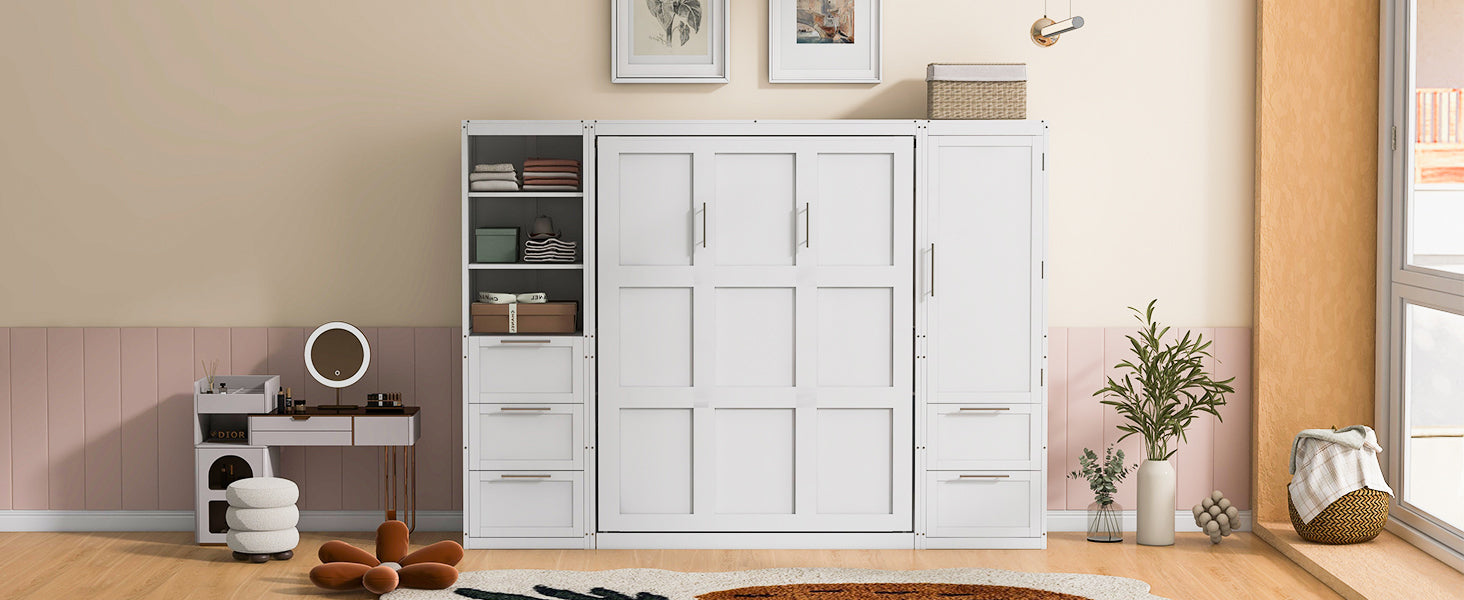 Queen Size Murphy Bed Wall Bed With Closet ,Drawers And Shelves,White Queen White Mdf Lvl