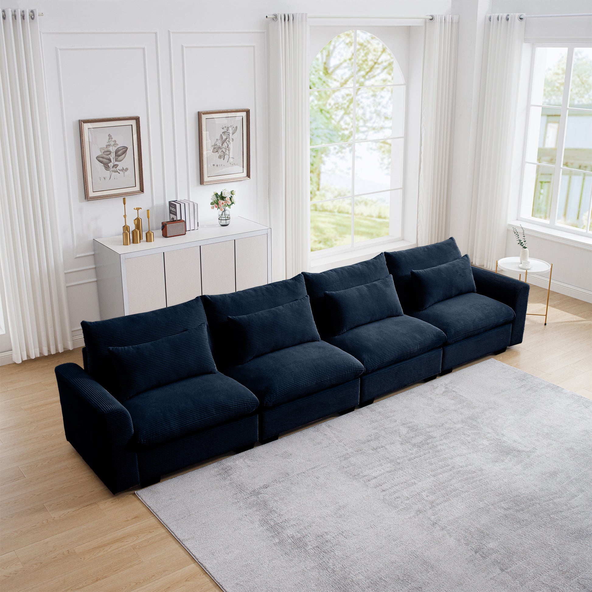 4 Seater Deep Seat Couches For Living Room, Comfy Blue Corduroy Sofas For Living Room Modern With 4 Waist Pillows Blue Corduroy 4 Seat