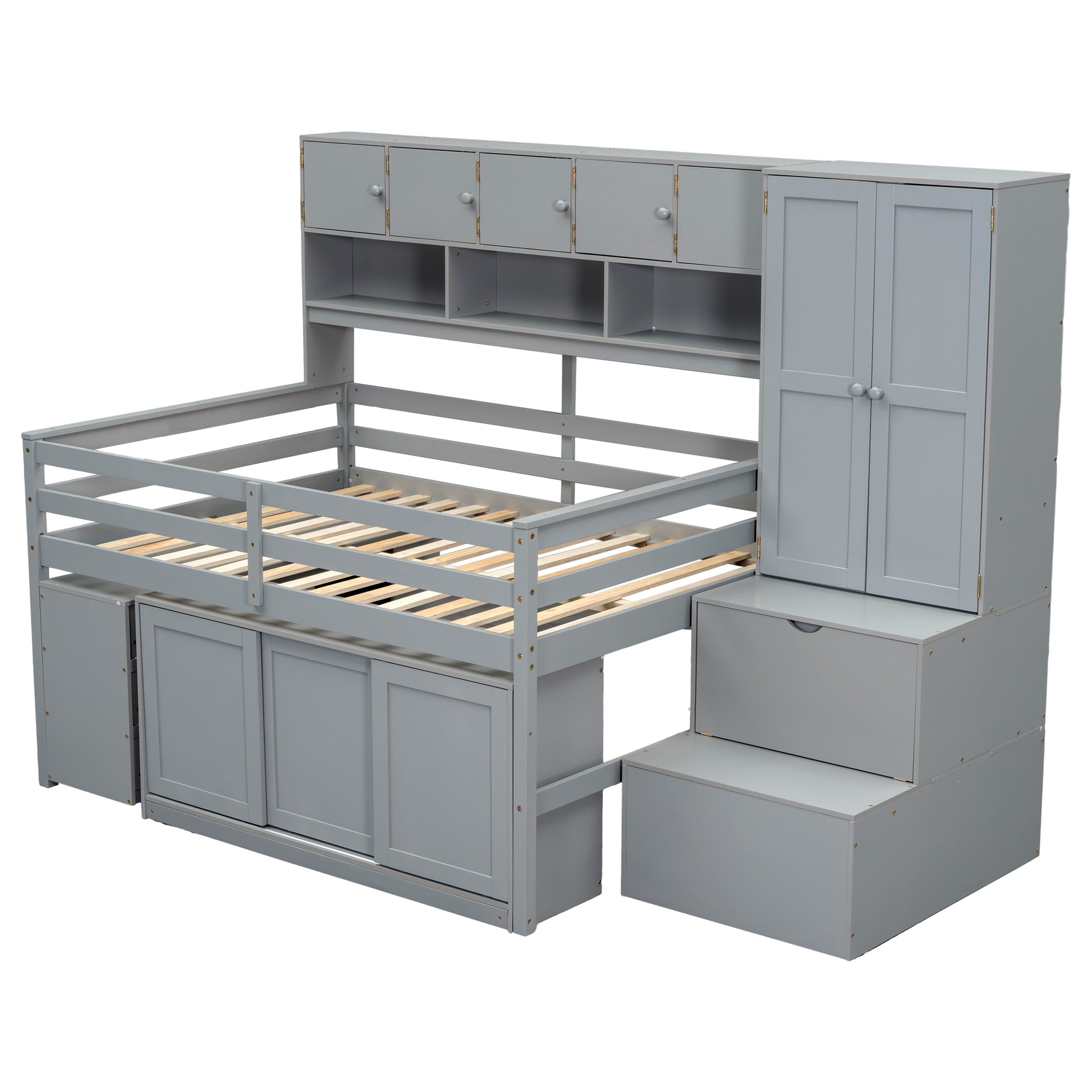 Full Size Wooden Loft Bed Big Storage With Under Bed Desk, With Drawers, With Shelves, Gray Full Gray Plywood