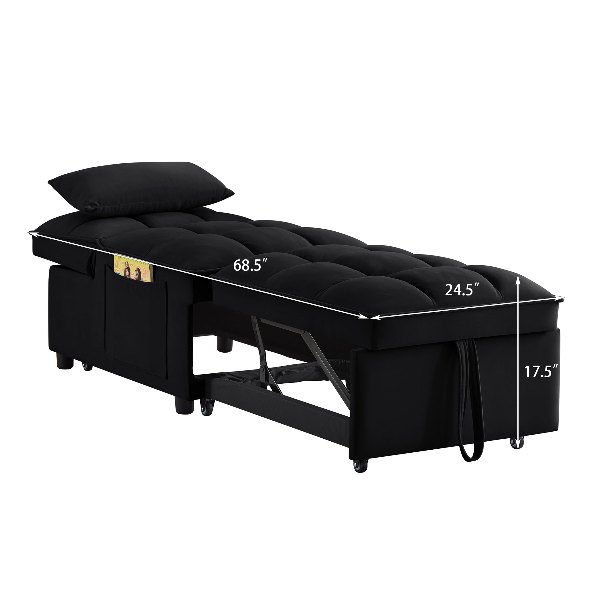 4 In1 Multi Function Single Sofa Bed With Storage Pockets,Tufted Single Pull Out Sofa Bed With Adjustable Backrest And Pillows ,Convertible Chaise Lounge,Black Black Velvet Metal Primary Living Space Medium Soft American Design Armless Foam Velvet 1 Seat