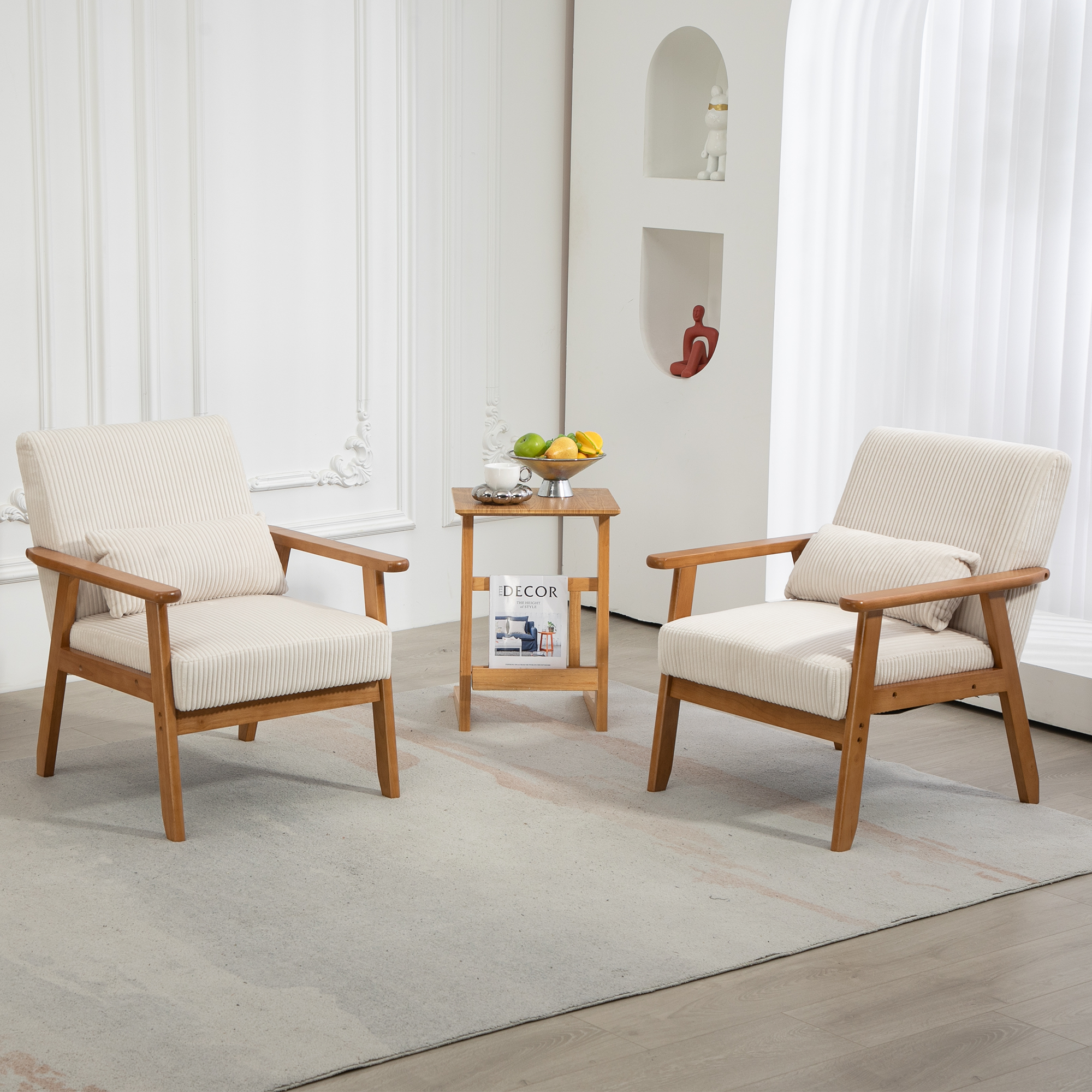 Leisure Chair With Solid Wood Armrest And Feet, Leisure Chair, Wood Frame, Velvet, Solid Rubber Wood Legs, Mid Century Modern Accent Chair, For Living Room Bedroom Studio Chair,Two Packs Beige Corduroy