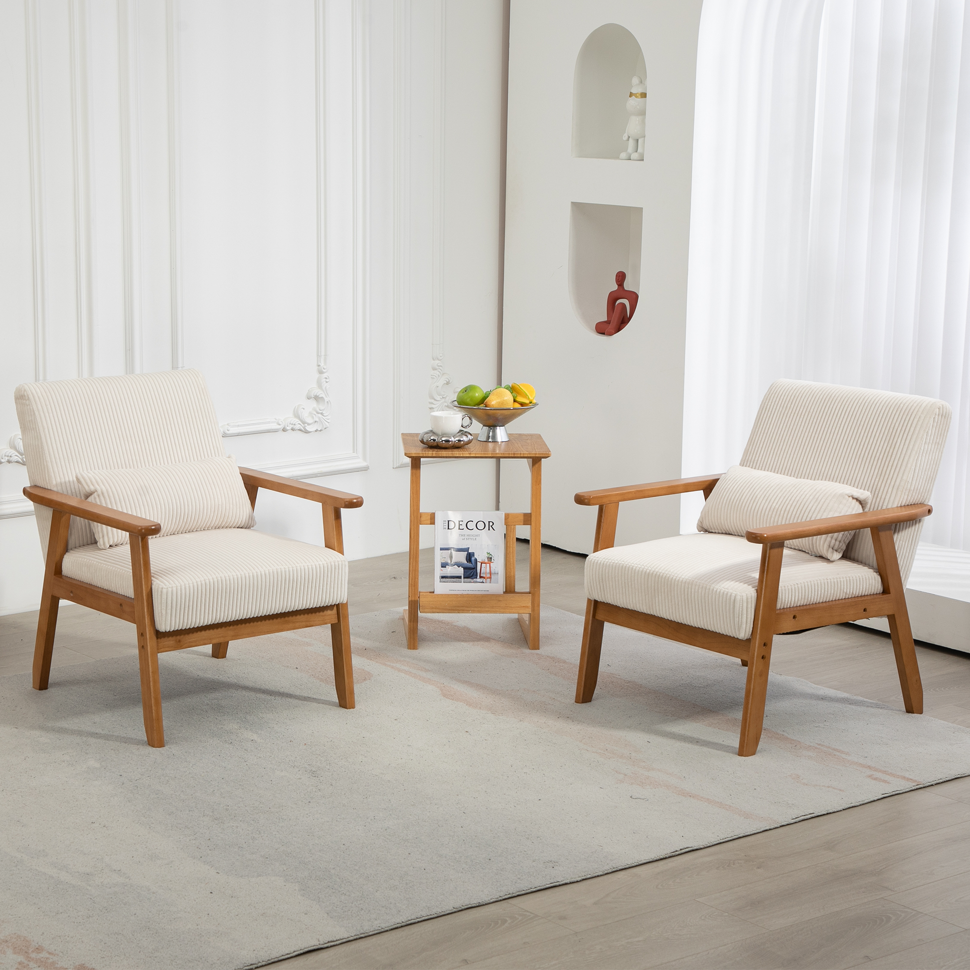 Leisure Chair With Solid Wood Armrest And Feet, Leisure Chair, Wood Frame, Velvet, Solid Rubber Wood Legs, Mid Century Modern Accent Chair, For Living Room Bedroom Studio Chair,Two Packs Beige Corduroy