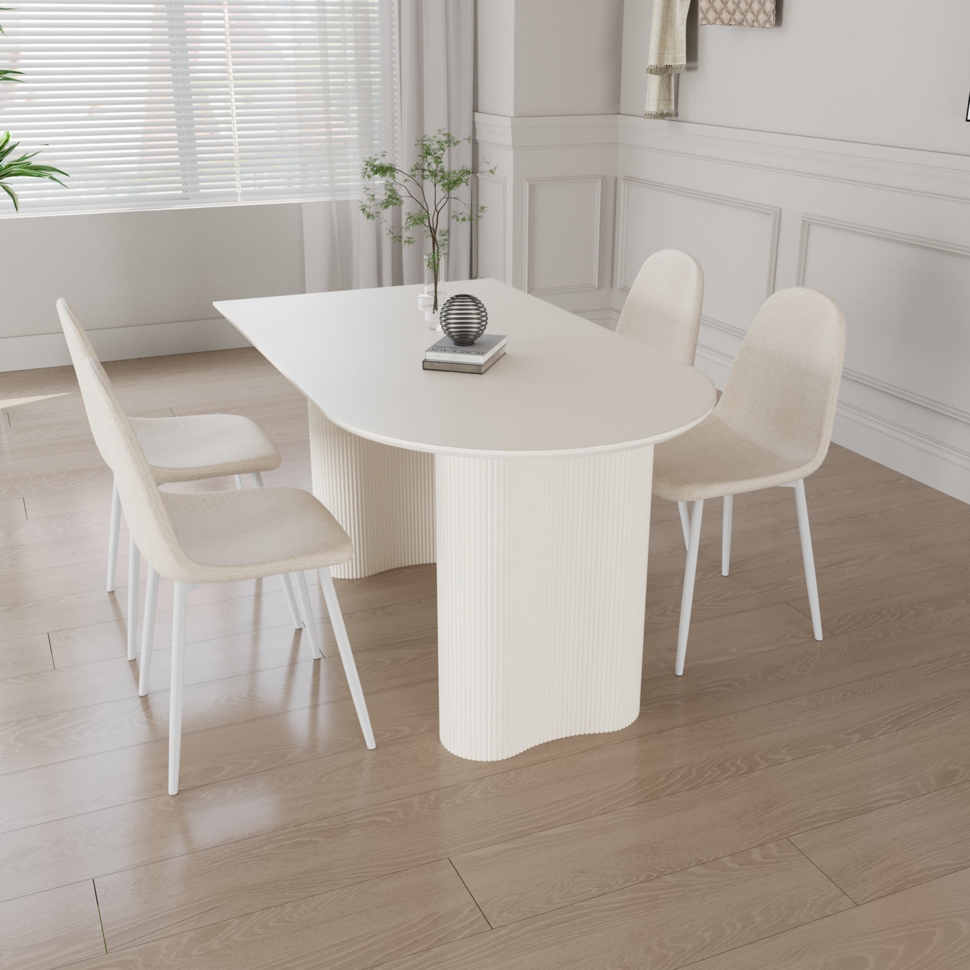 63 "Mdf Cream Style Coffee Table And Modern Dining Chair 4 Piece Set, Modern Fashion Kitchen Table Set, Round Wave Table Legs, Dining Table And Linen Chair Beige White Mdf