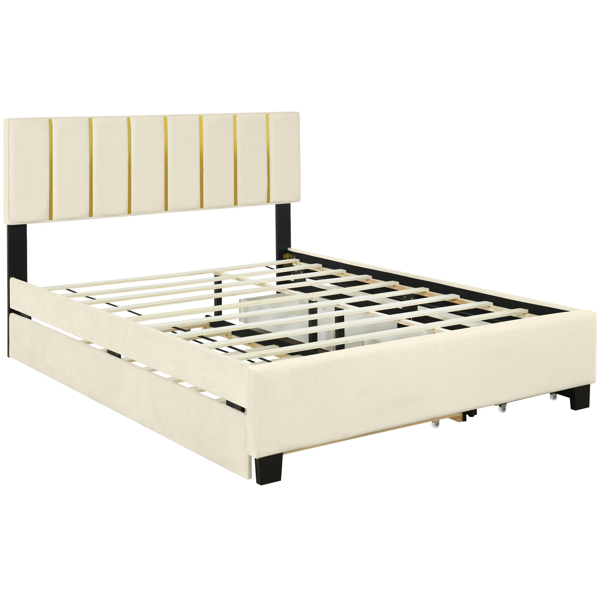 Queen Size Upholstered Platform Bed With 2 Drawers And 1 Trundle, Classic Metal Strip Headboard Design, Beige Queen Beige Mdf Lvl