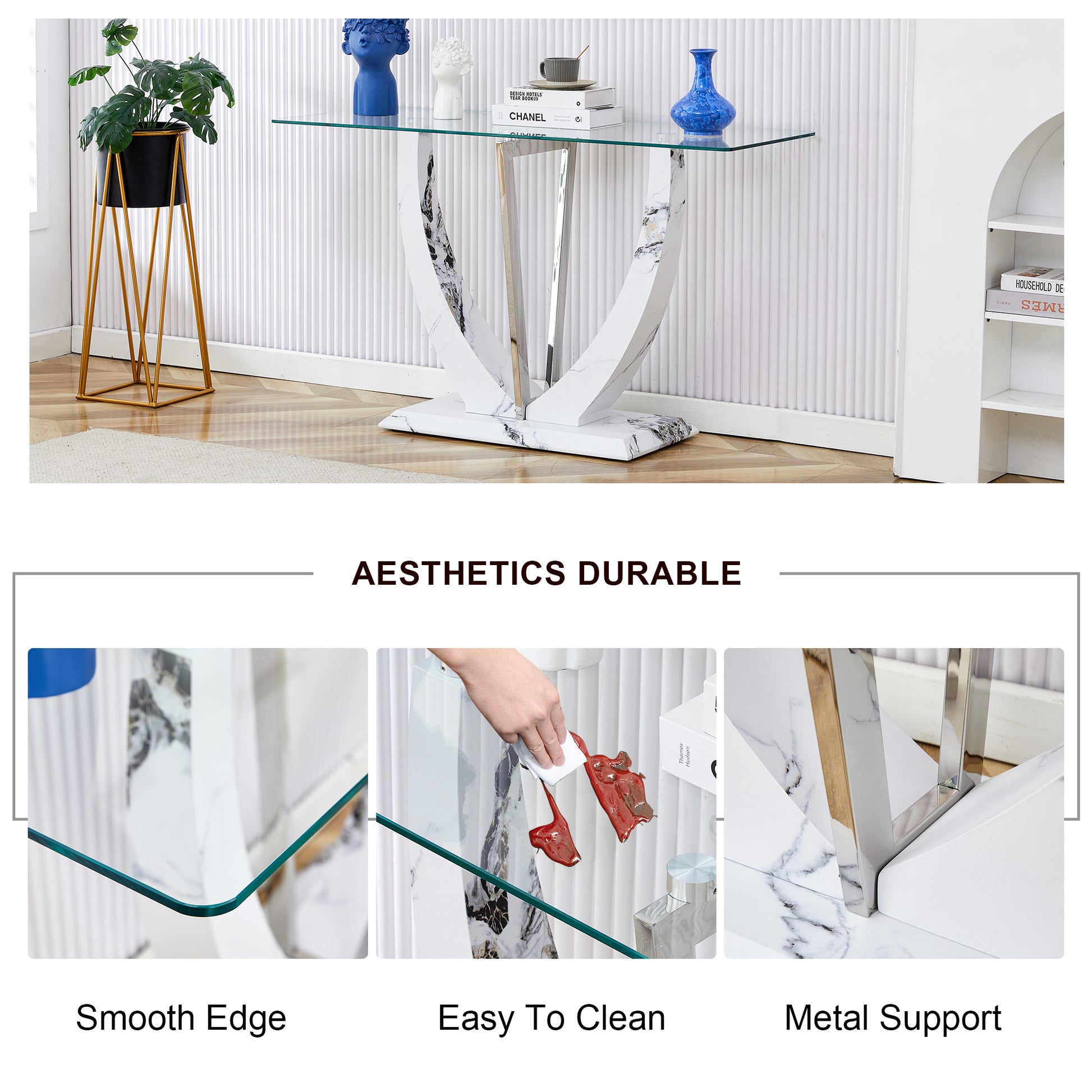 Modern Minimalist Rectangular Glass Table With 0.39 "Tempered Glass Top And Mdf White Patterned Sticker Legs For Entrance And Living Room. Transparent Glass