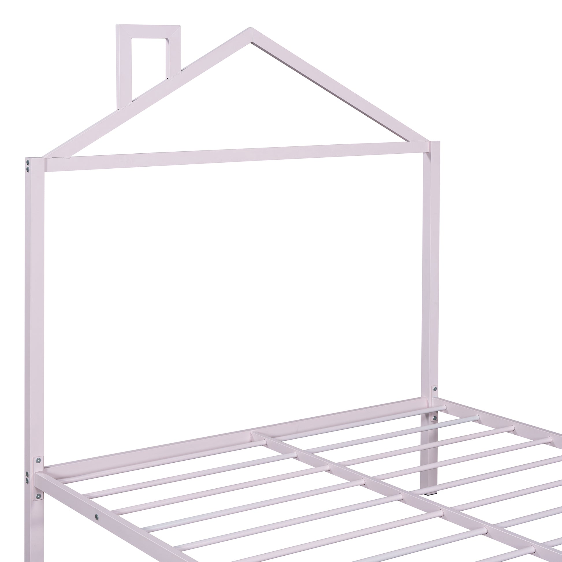 Full Size Metal Platform Bed With Twin Size Trundle,House Shaped Headboard Design, Pink Full Pink Metal