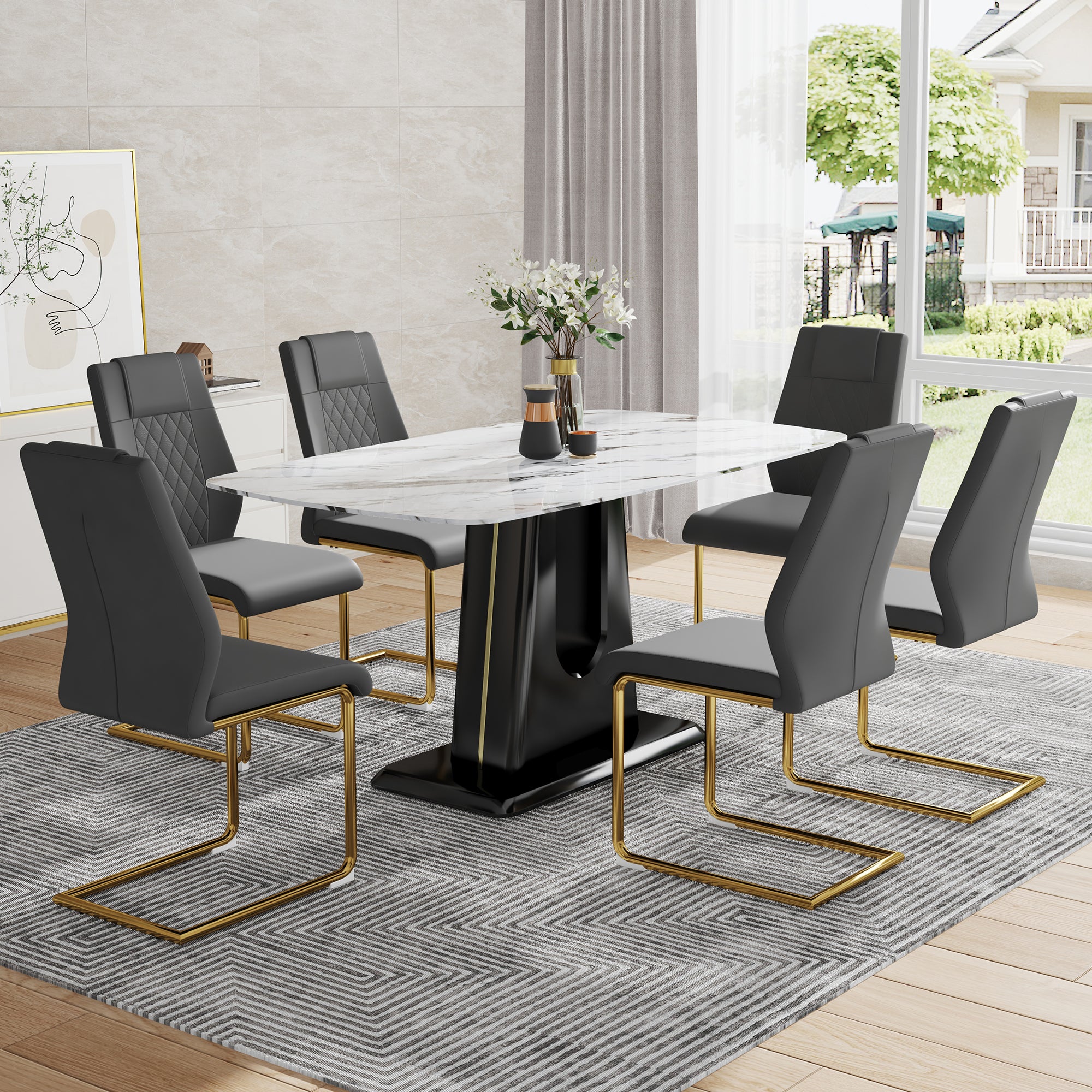 Table And Chair Set, Modern And Minimalist Dining Table, Imitation Marble Patterned Tabletop, Mdf Legs With U Shaped Brackets. Paired With Comfortable Chairs, Suitable For Dining And Living Rooms. Grey Black Mdf Glass