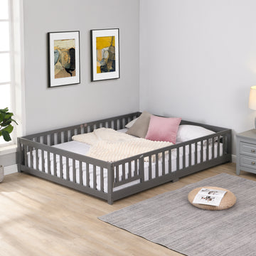Twin Size Floor Bed With Door,Solid Wood Platform Bed Frame With Fence,Suitable For Children,Pine Wood,Gray Twin Gray Wood