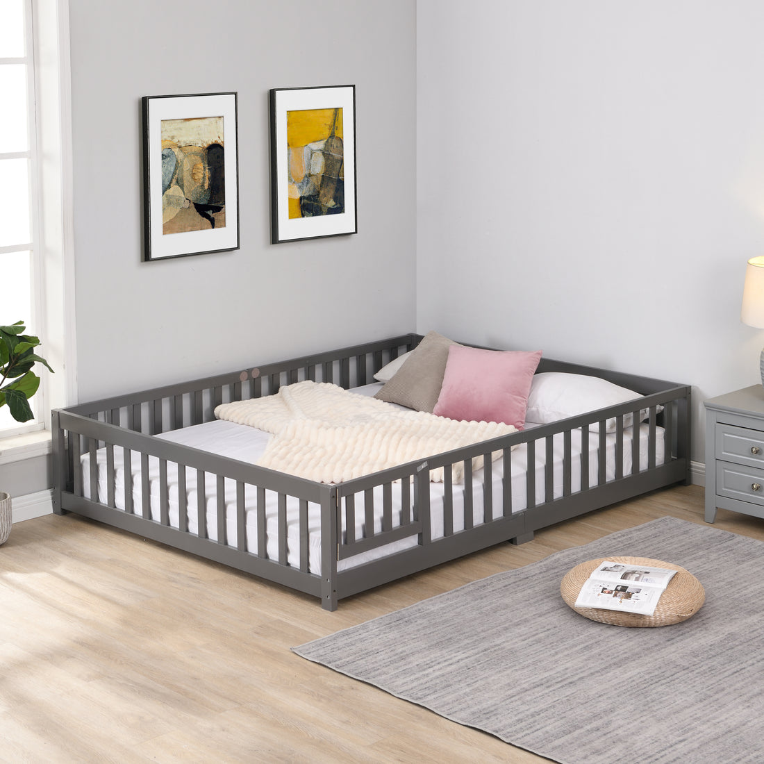 Queen Size Floor Bed With Door,Solid Wood Platform Bed Frame With Fence,Suitable For Children,Pine Wood,Gray Queen Gray Wood