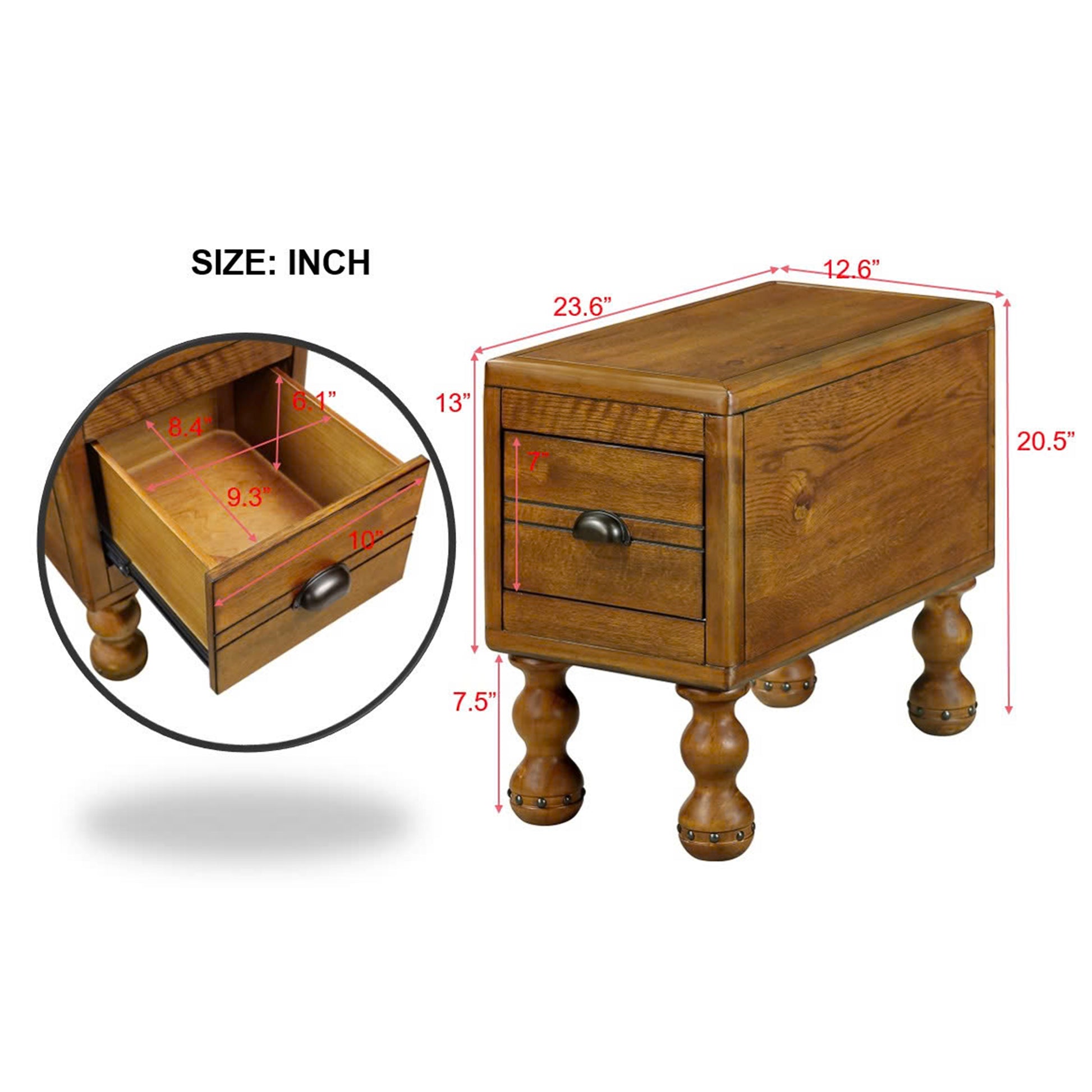 Solid Wood End Table, Rectangle 23.6 Inch Narrow Side Table With Drawer, Vintage Bedside Table Nightstand For Small Spaces, Living Room, Bedroom, Easy Assembly, Antique Brown Antique Brown Pine