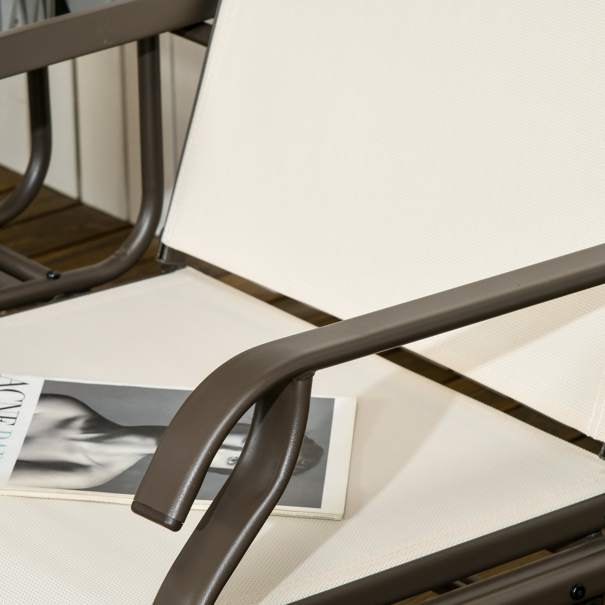 Outsunny Outdoor Glider Bench With Center Table, Metal Frame Patio Loveseat Withmesh Fabric And Armrests For Backyard Garden Porch, Beige Beige Steel