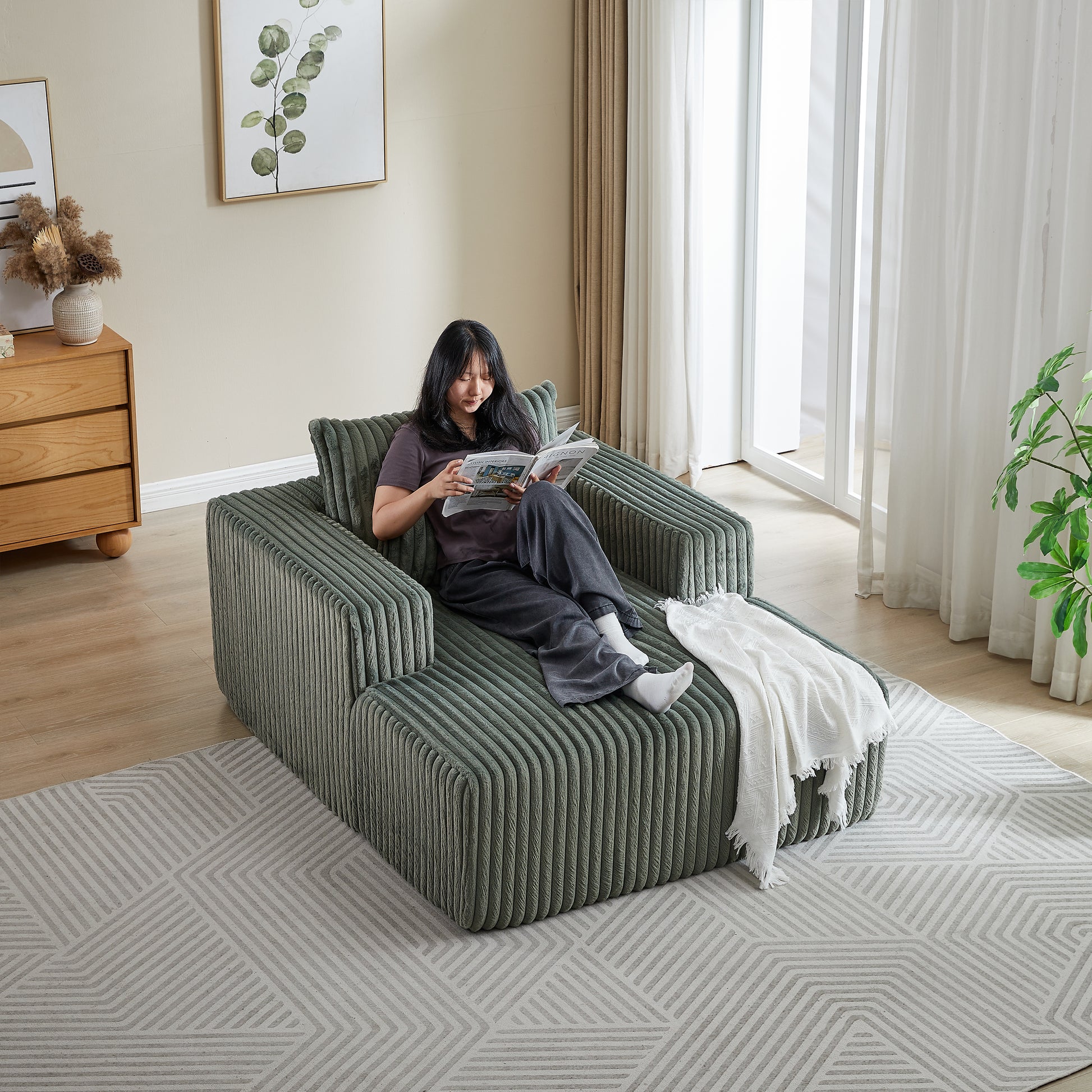 62.5 Inch Corduroy Sponge Sofa Lounge Chair,No Assembly Required,Fluffy Modern Sleeper Chair For Indoor Living Room Bedroom Army Green Foam Corduroy 1 Seat