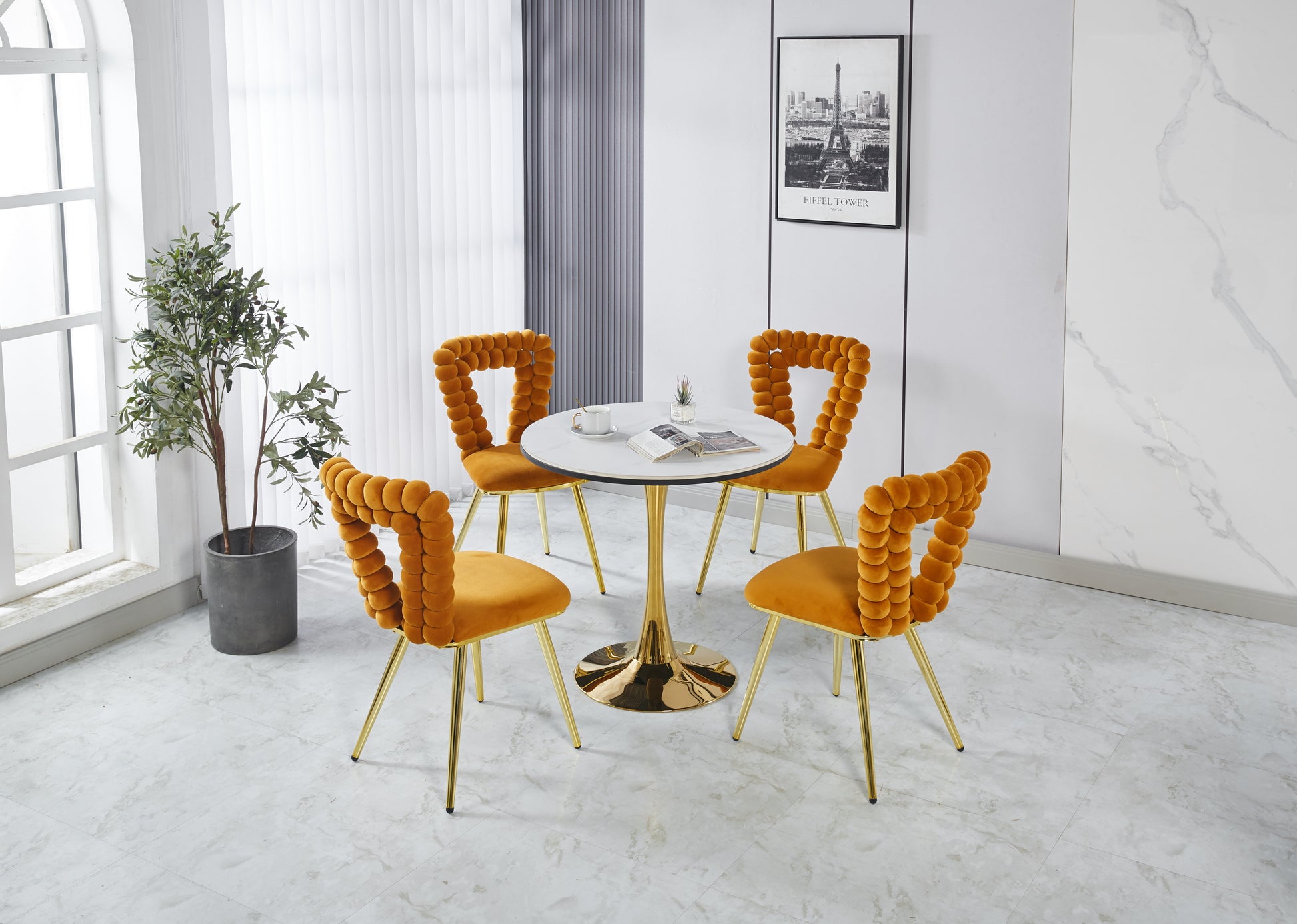 Orange And Gold Modern Chair Set Of 2 With Iron Tube Legs, Soft Cushions And Comfortable Backrest, Suitable For Dining Room, Living Room, Cafe,Hairball Back Orange Fabric
