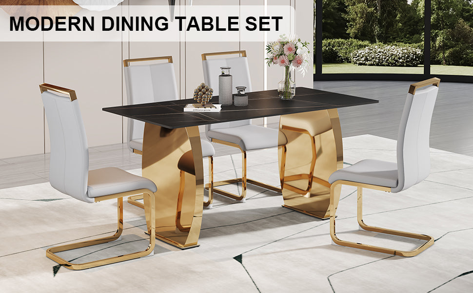 Table And Chair Set,Modern Rectangular Table With 0.4 Inch Black Patterned Tabletop And Gold Legs, Suitable For Kitchen, Dining Room, And Living Roomcomfortable Pu Seats,Perfect For Dinner, Meet. Grey Black Seats 4 Sintered Stone