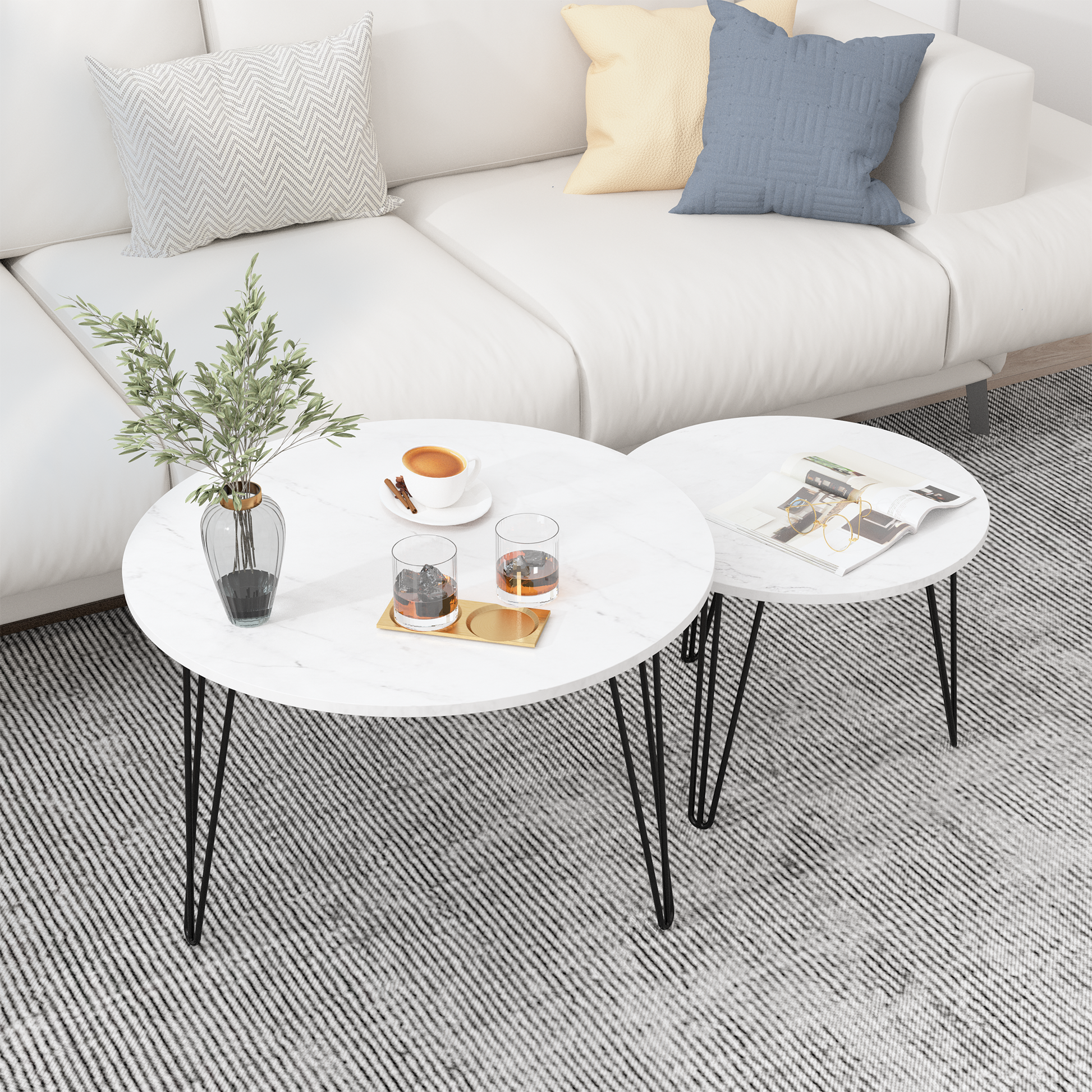 27.56'' Round Nesting Coffee Table Set Of 2, Circular Nesting End Table Set, Round Marble Tabletop, And Sturdy Metal Base For Living Room, Bedroom, White White Round Wood Metal